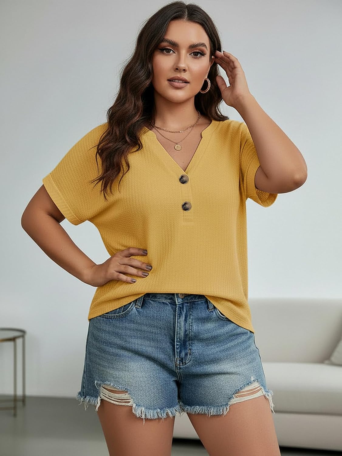 Women's Plus Size V Neck T Shirts Summer Button Front Short Sleeve Dressy Casual Tops - Image 4