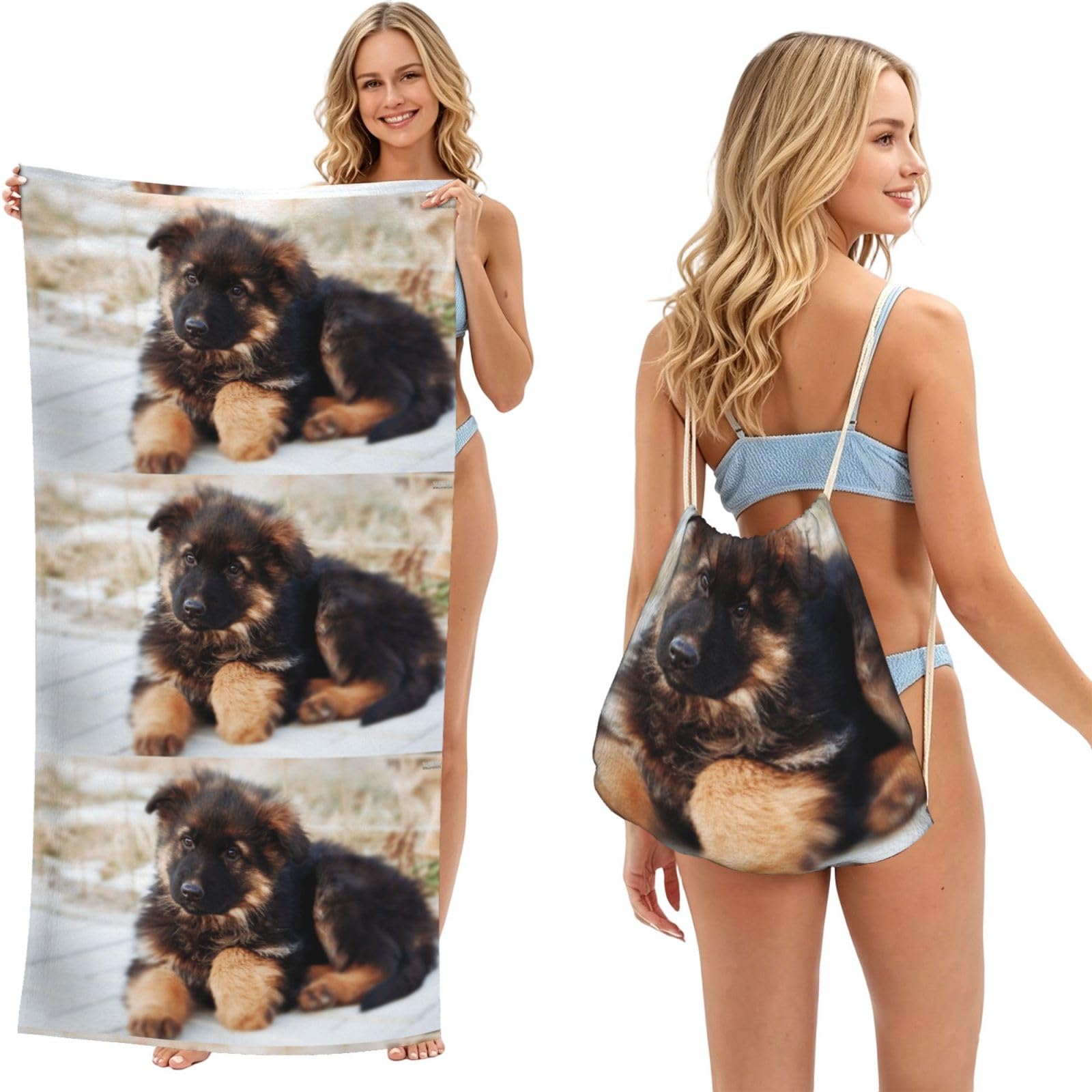 Poadnly As Picture German Shepherd Puppy, 2 In 1 Packable Towel Bag, Beach Towels With Drawstring Backpack For Travel Holiday Camping