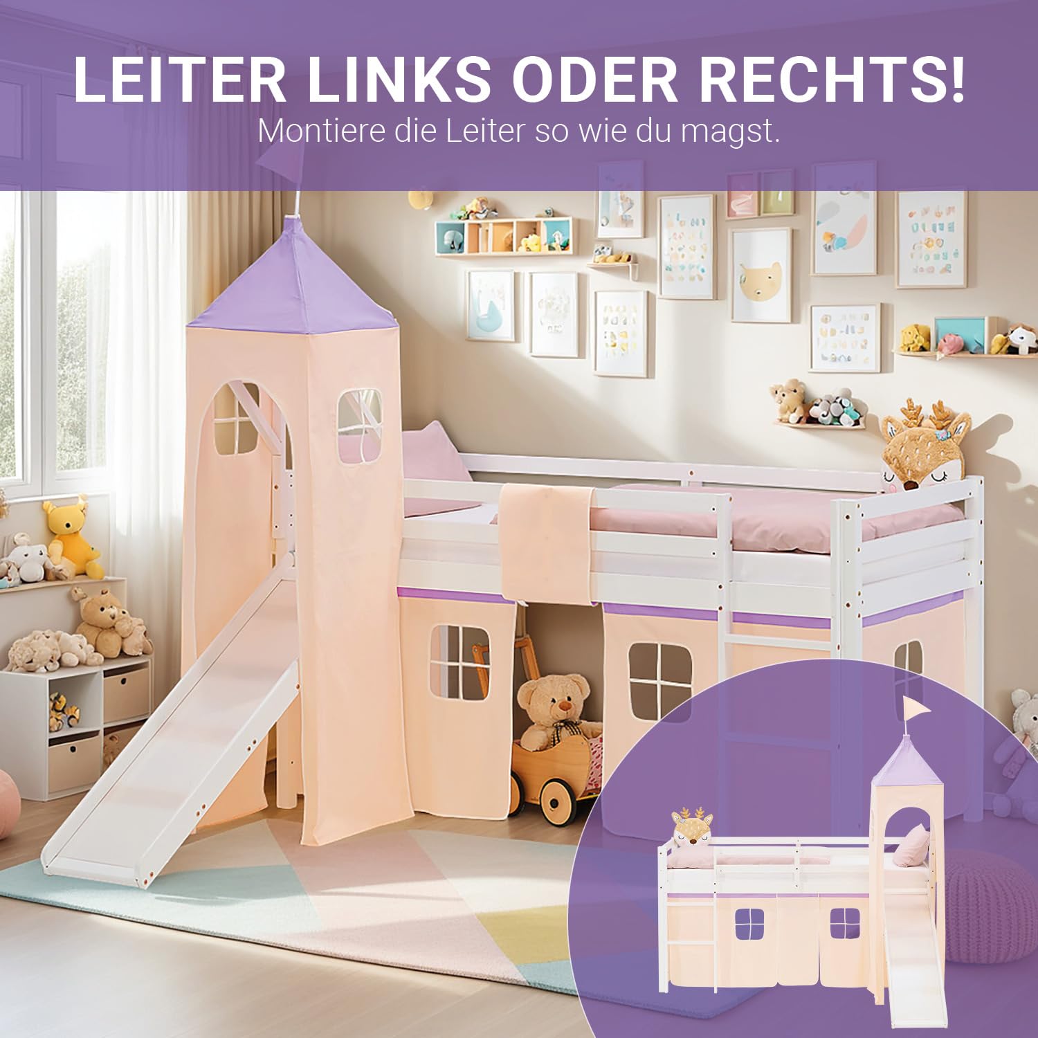 Homestyle4u Kinderhochbett mit Rutsche, Lila Beige Vorhang Turm, Hochbett 90x200 cm Weiß, Kinderbett aus Holz, Artikel 2951