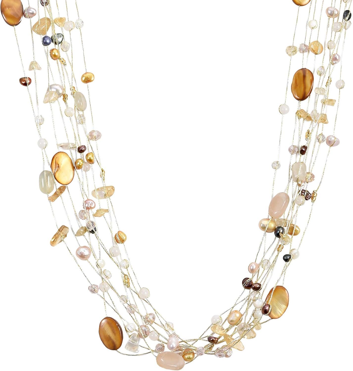 AeraVida Earth Tones Mixed Stone & Mother of Pearl Multi-Layered Necklace | Boho Chic Silk Thread Jewelry for Women