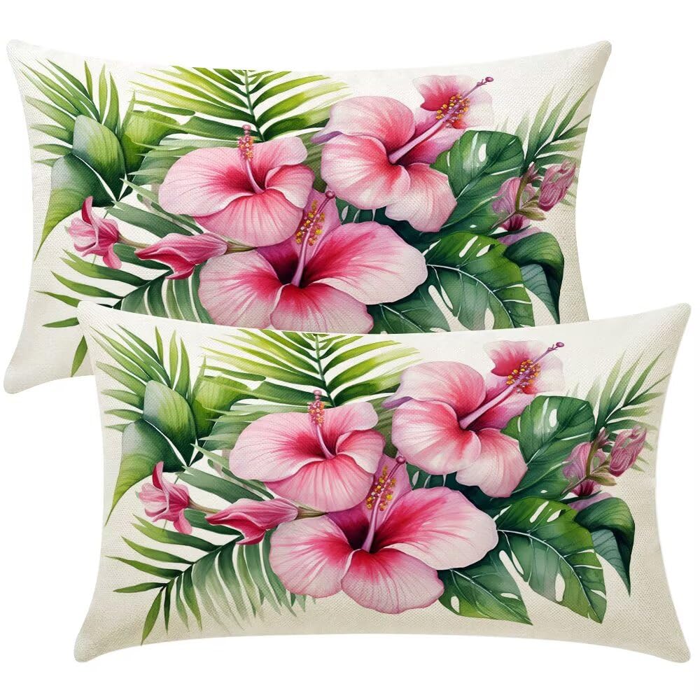 Cushion Covers 50cm x 70cm Summer Flowers Cushion Cover 20 x 28 Inches Pack of 2 Throw Pillow Covers Plants Sofa Cushions Polyester Linen Pillowcases for Couch Living Room Bedroom Home Decor -SC407