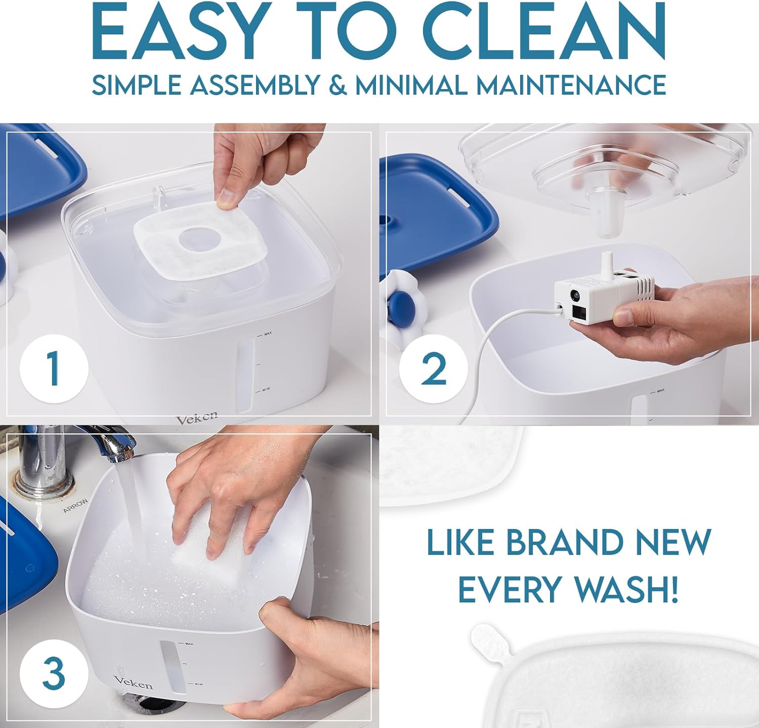 Veken Innovation Award Winner 95oz/2.8L Pet Fountain, Automatic Cat Water Fountain Dog Water Dispenser with 6 Replacement Filters & Silicone Mat for Cats, Dogs (Blue, Plastic)