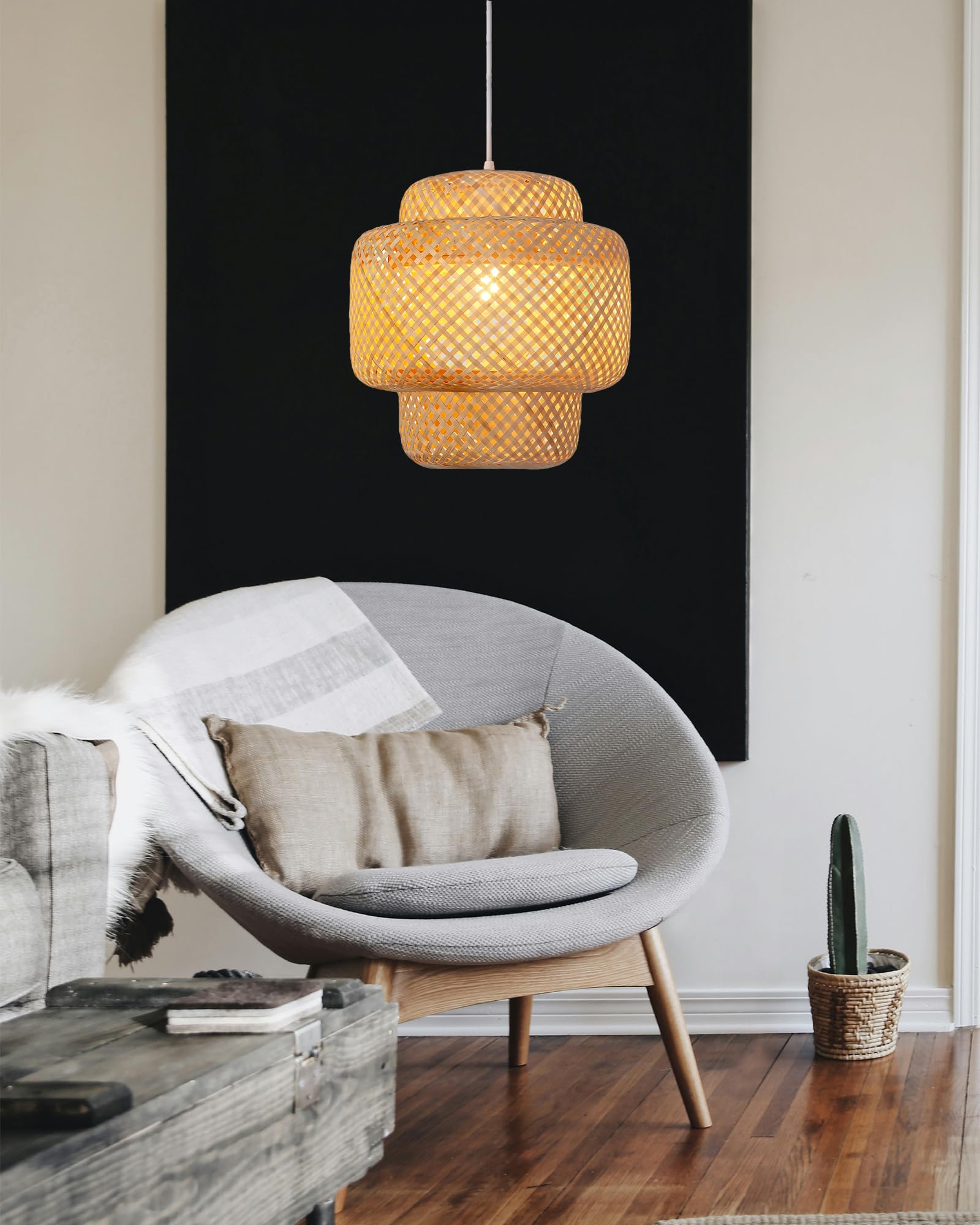 Vintage Bambus Pendelleuchte, Natürlich Geflochten, 30 cm Durchmesser, E27 Fassung, 1,5 m kabel, Boho Wohnzimmer Hängeleuchte(keine Glühbirne)