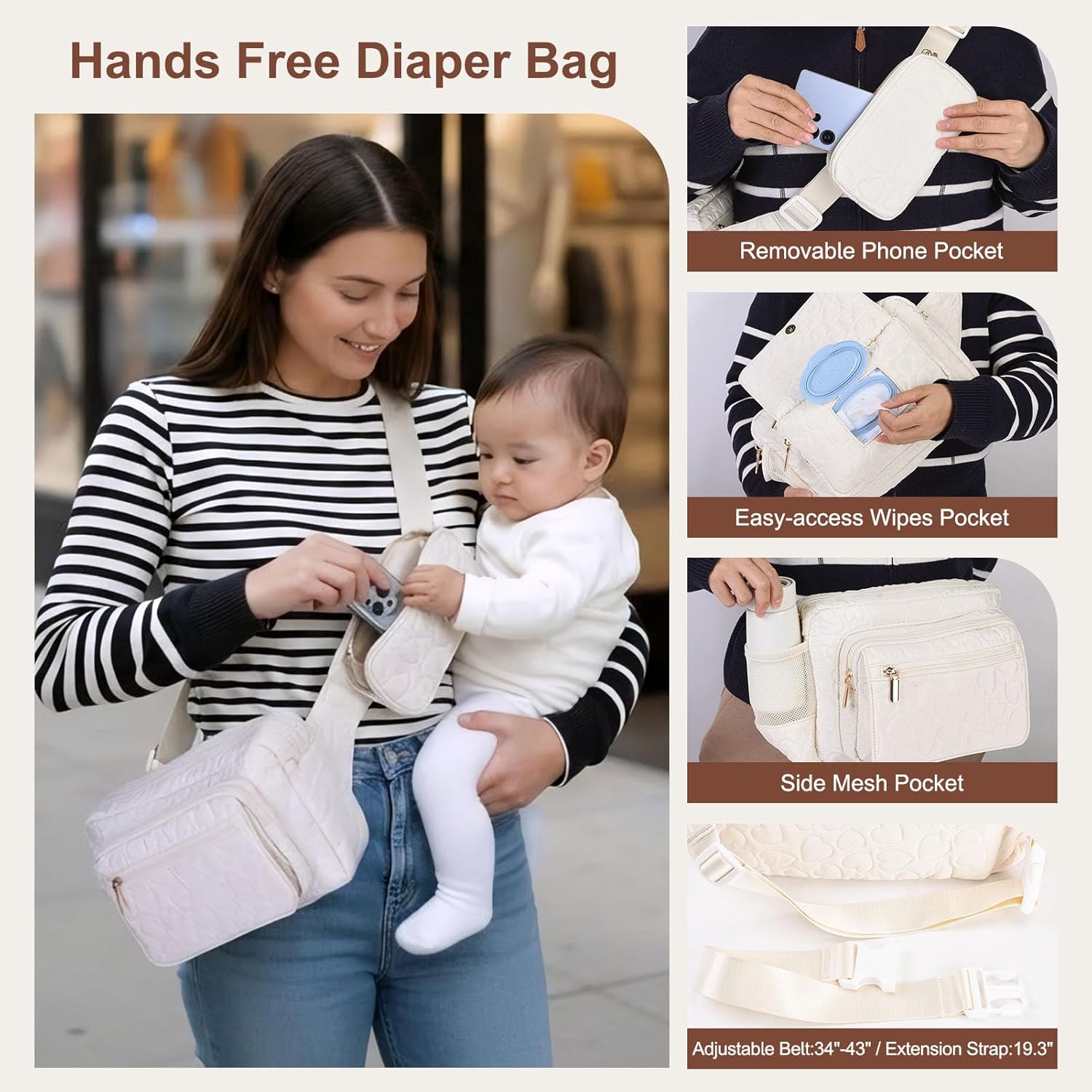 Rexmore Puffer Quilted Fanny Pack Diaper Bag for Mom - Women‘s Compact Crossbody Purse with Portable Changing Pad & Wipes Pouch, Travel & Quick Errand Baby Essentials Organizer (Off White) - Image 2