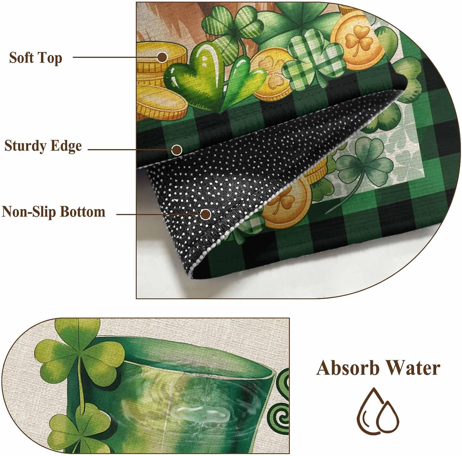 Saint Patrick's Day Round Rugs for Living Room 3ft Watercolor Green Hat Dog Lucky Shamrocks Linen Texture Non Slip Circle Rug Washable Low-Profile Indoor Carpet for Bedroom, Dining Room, Bathroom