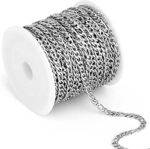 33 pies Cadena Figaro de acero inoxidable, 0.138 in de ancho 304 cadenas de eslabones de acero inoxidable rollo a granel para fabricación de joyas