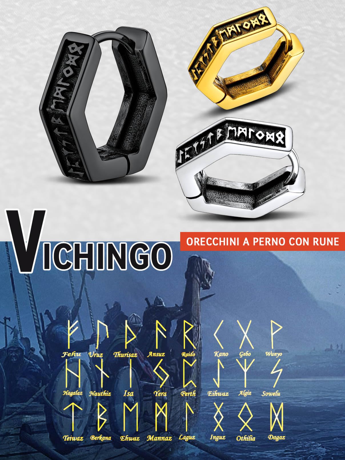 FaithHeart Uomo Donna Orecchini Cerchio di Rune Vichinghe Rune Celtiche Orecchini Cerchio Argento 925 / Acciaio Inox Antiallergico con Onice Gioielli Amuleto Nordico