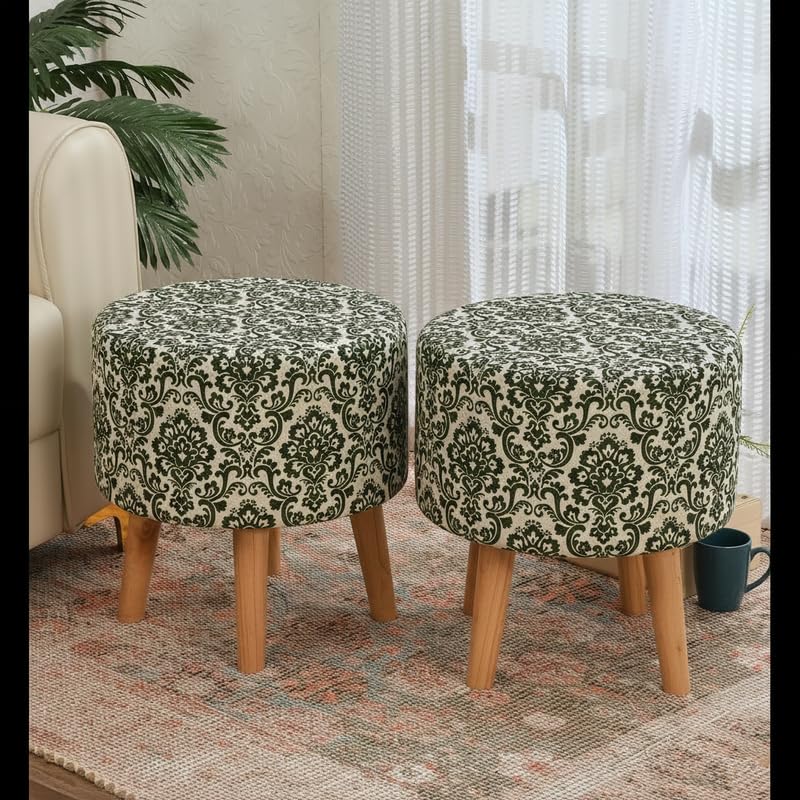 Image of NACIA Printed Ottoman Stool Set of 2 | Soft Cushioned Velvet Pouf Footrest with Wooden Legs | Decorative Seating Stool for Bedroom Living Room Home & Office (16x16x17 Inch, Green Damask)