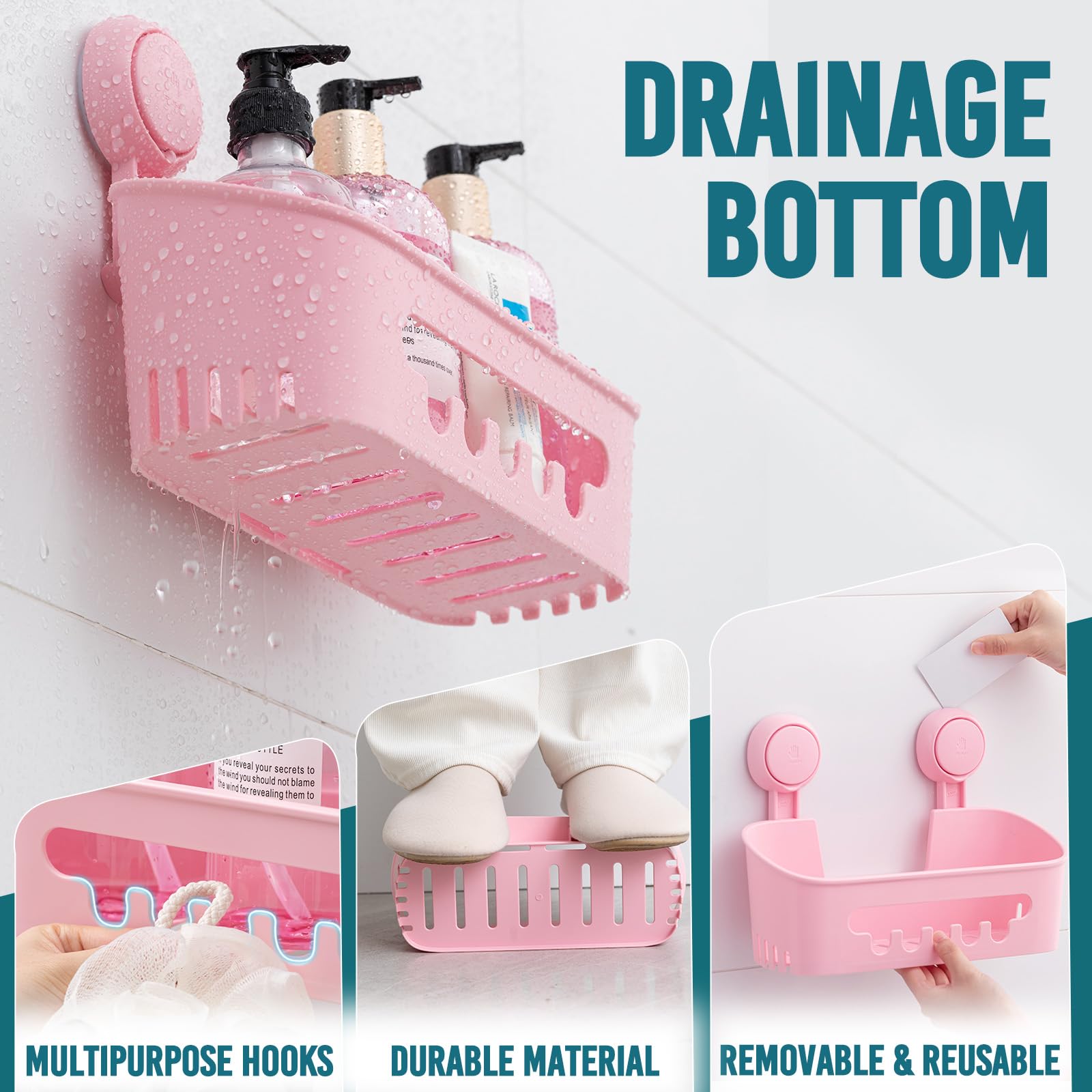 TAILI Suction Shower Caddy, Wall Mounted Bath Organizer Shelf for Shampoo Body Wash, Plastic Shower Rack, Drill-Free Removable, Pink - Image 3