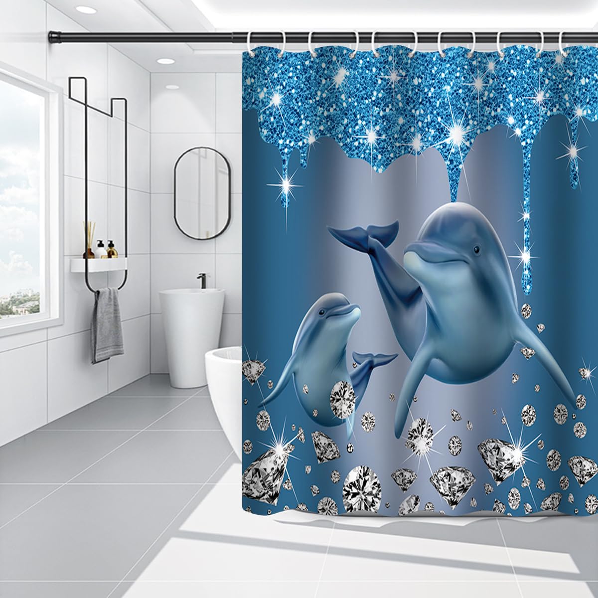 BIPOOBEE 4PCS Blue Dual Dolphin Diamond Shower Curtain Bathroom Set with Rugs, Toilet Lid Cover and Bath Mat, Shower Curtain with 12 Hooks for Bathroom Decor Set