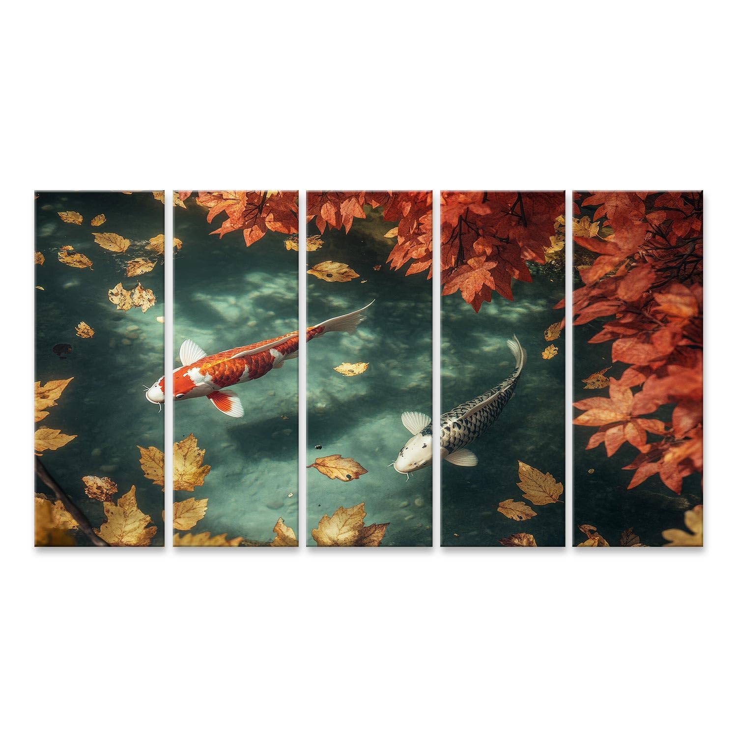 islandburner Primer cuadro sobre lienzo peces koi en un estanque de otoño con hojas caídas imágenes murales carteles