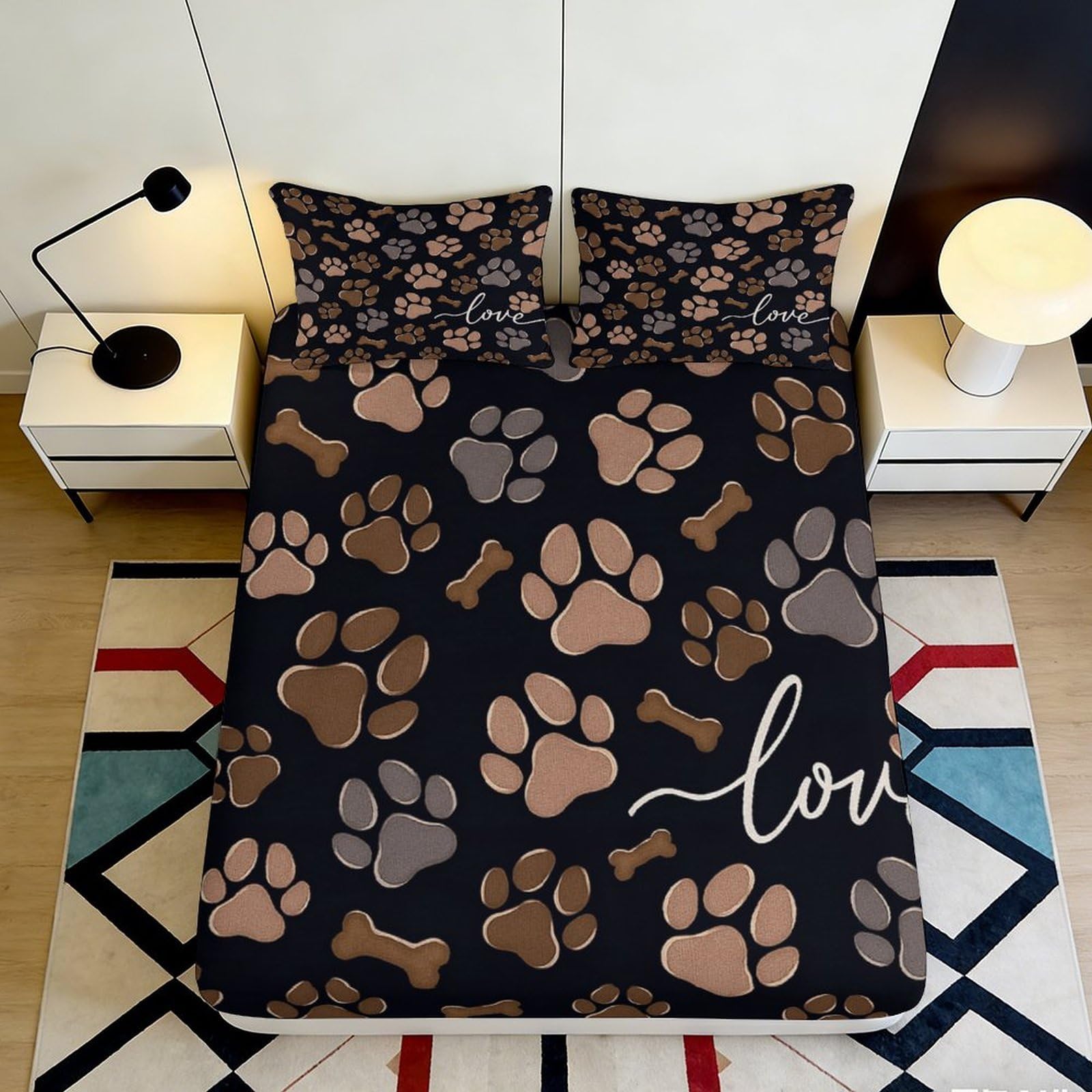3D Printed Dog Paw Pattern Fitted Sheet Microfiber Soft Breathable Bone Design Mattress Cover for Bedroom Dormitory Guest Room Mattress Protection Decor 90x200x25cm