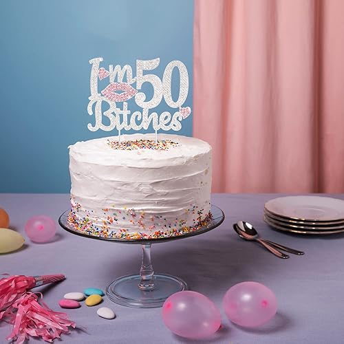 Miniatura 5 de LASKYER Decoración para pastel con diamantes de imitación rosa con texto en inglés "I'm 50th Birthday Cheers to 50 Years Old Fifty Bday Party Metal