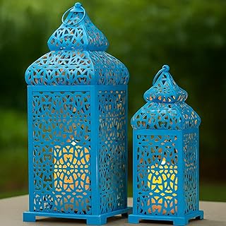 VELA LANTERNS Large Temple Moroccan Lantern Lamp Decorative Candle Holders for Ramadan Decorations, Hanging, Outdoor Patio or Porch, Indoor Home Decor, Blue, Set of 2