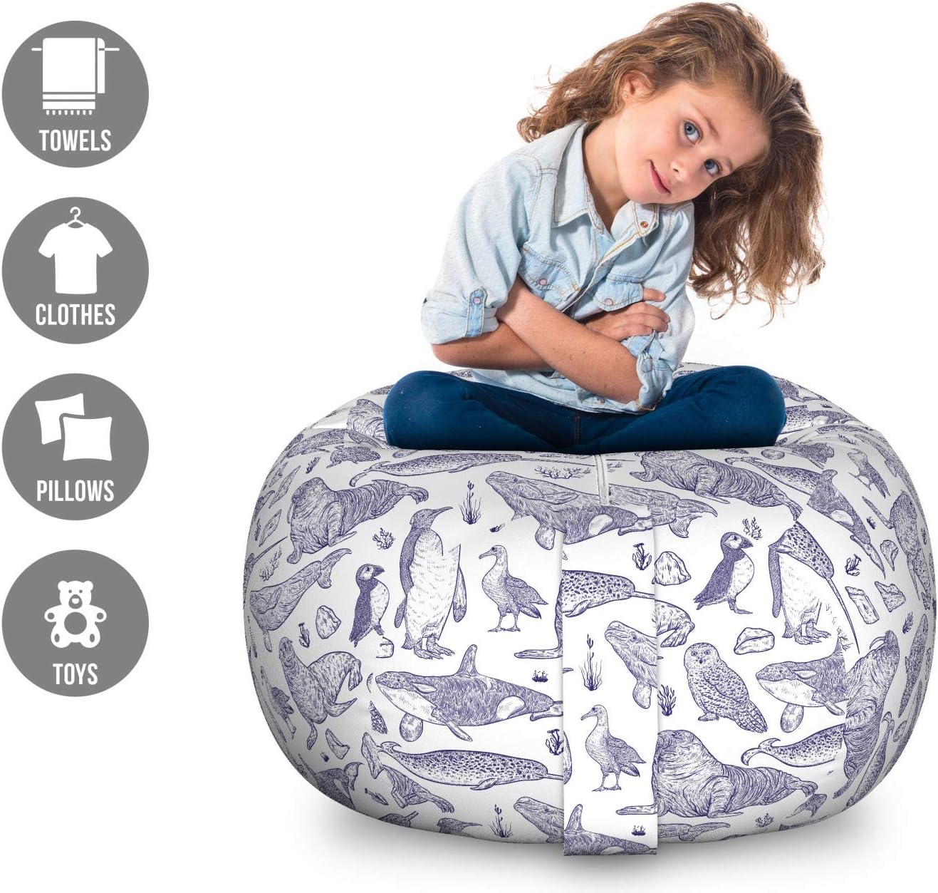 Ambesonne Animal Storage Toy Bag Chair, Sketchy Drawn Arctic Narwhal Snowy Owl Albatross Beluga Whale Penguin, Stuffed Animal Organizer Washable Bag, Large Size, Indigo White