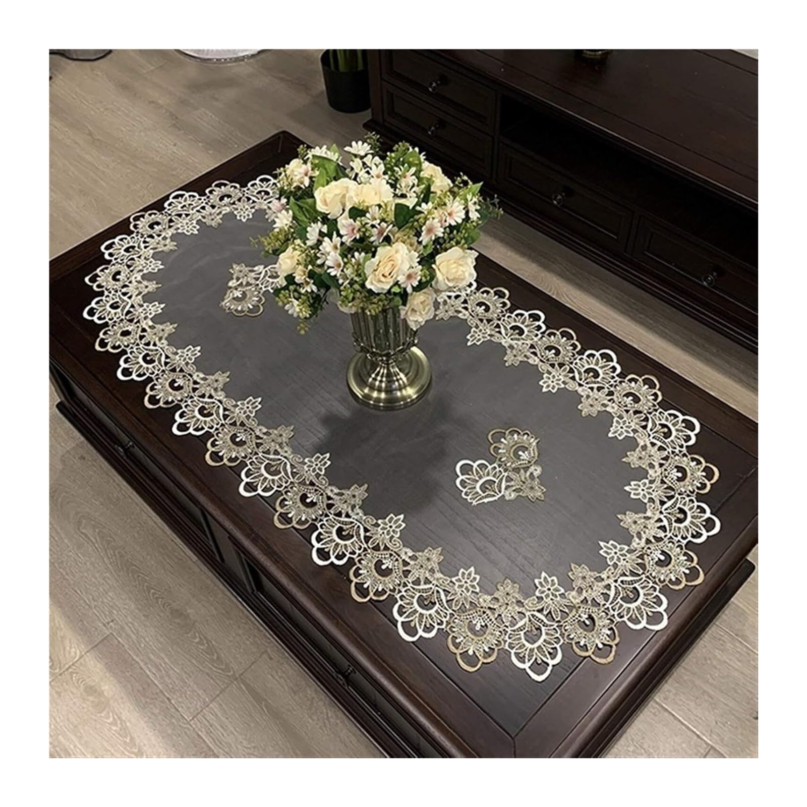 European Embroidered Flower Lace Table Runner Sky Blue 40x90cm Oval