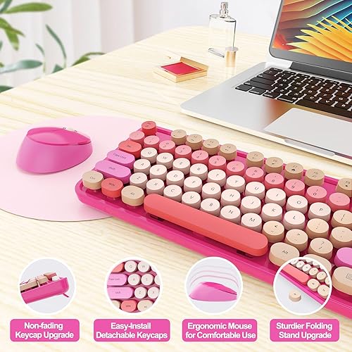 Vista 65 de Combo de teclado y mouse inalámbricos, colorido teclado ergonómico de tamaño completo con diseño retro, silencioso, con teclas bonitas, compatible