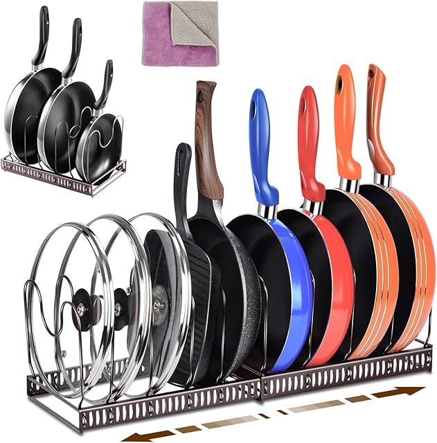 Myiosus Pan Organiser Rack, Pot Lid Organizers with 7 Dividers, Expandable Pots and Pans Holder, Bakeware Rack, Kitchen Cupboard Organiser for Pantry Cabinet, Black