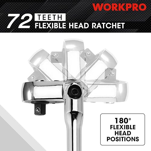 Miniatura 3 de WORKPRO Juego de trinquete de cabeza flexible de 4 piezas 14 pulgadas 38 pulgadas 12 pulgadas 38 pulgadas trinquete de 72 dientes con revestimiento