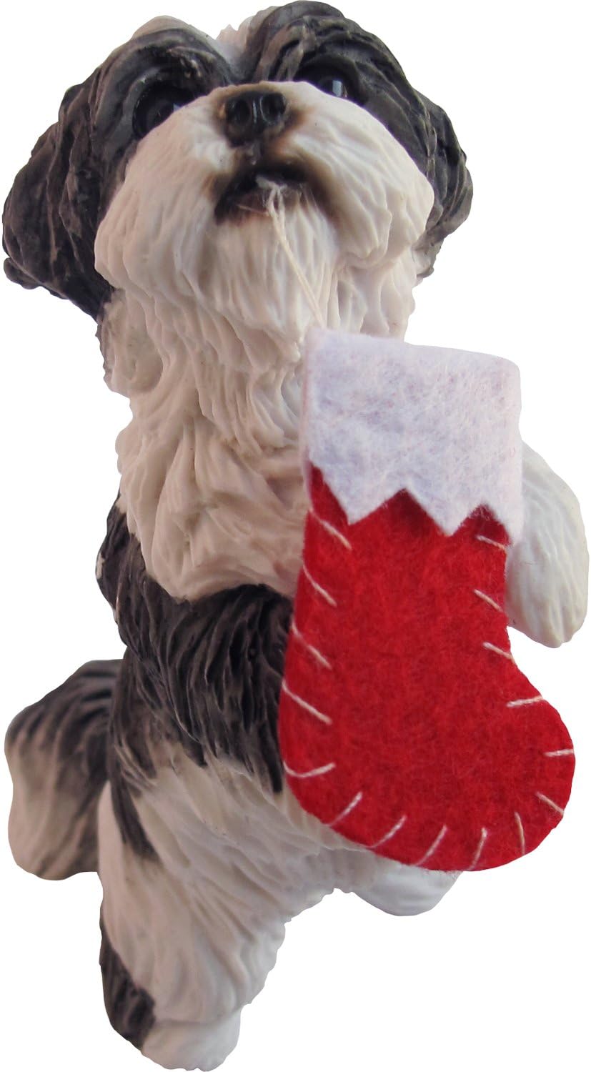 Sandicast Original Size Silver and White Shih Tzu Sculpture, Sitting Pretty