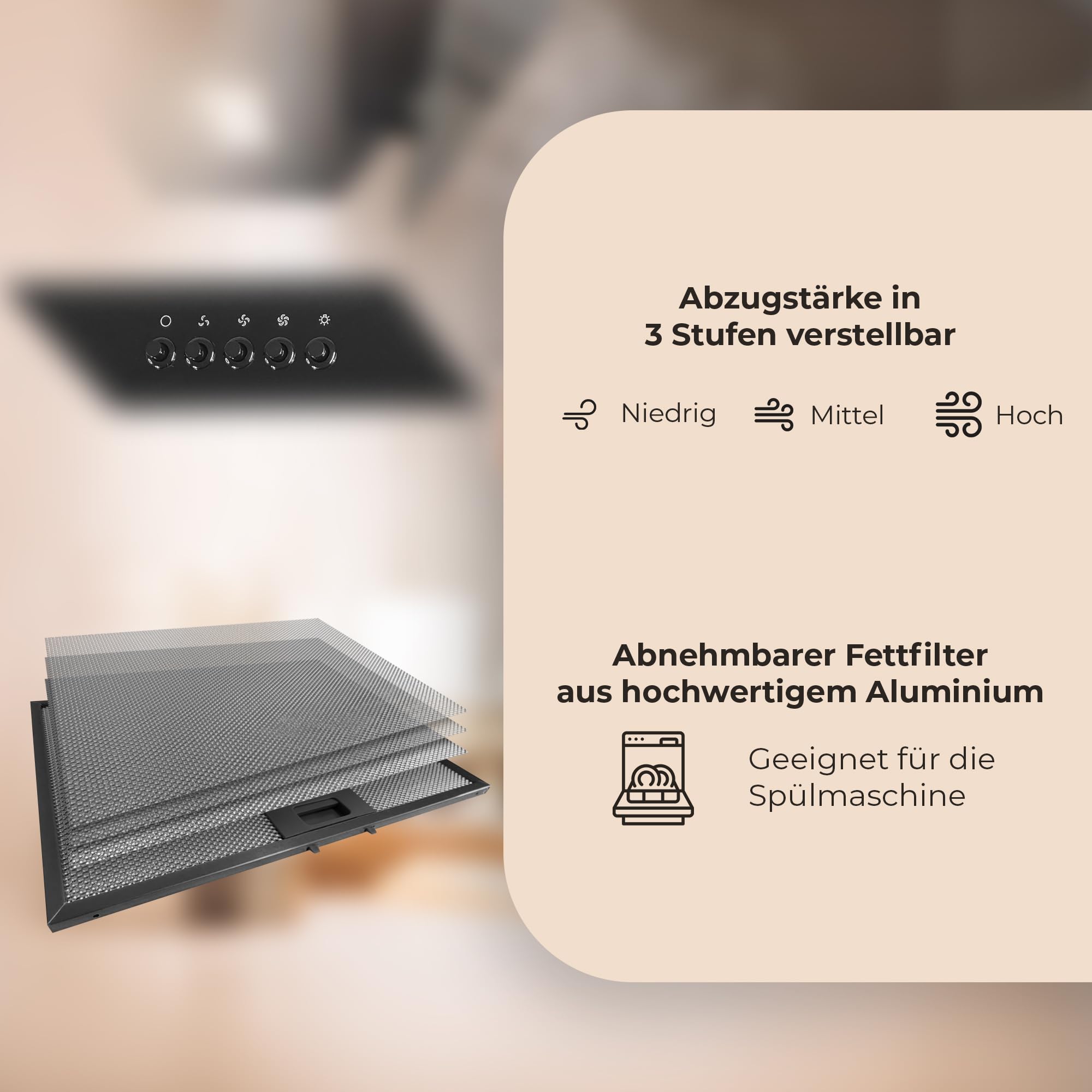 YUNA Dunstabzugshaube DURESA 60 cm Schwarz Glasfront 3 Leistungsstufen 47W Motorleistung Energieeffizienz A Abluft Umluft Kopffrei LED Beleuchtung Ohne Kohlefilter Wandhaube