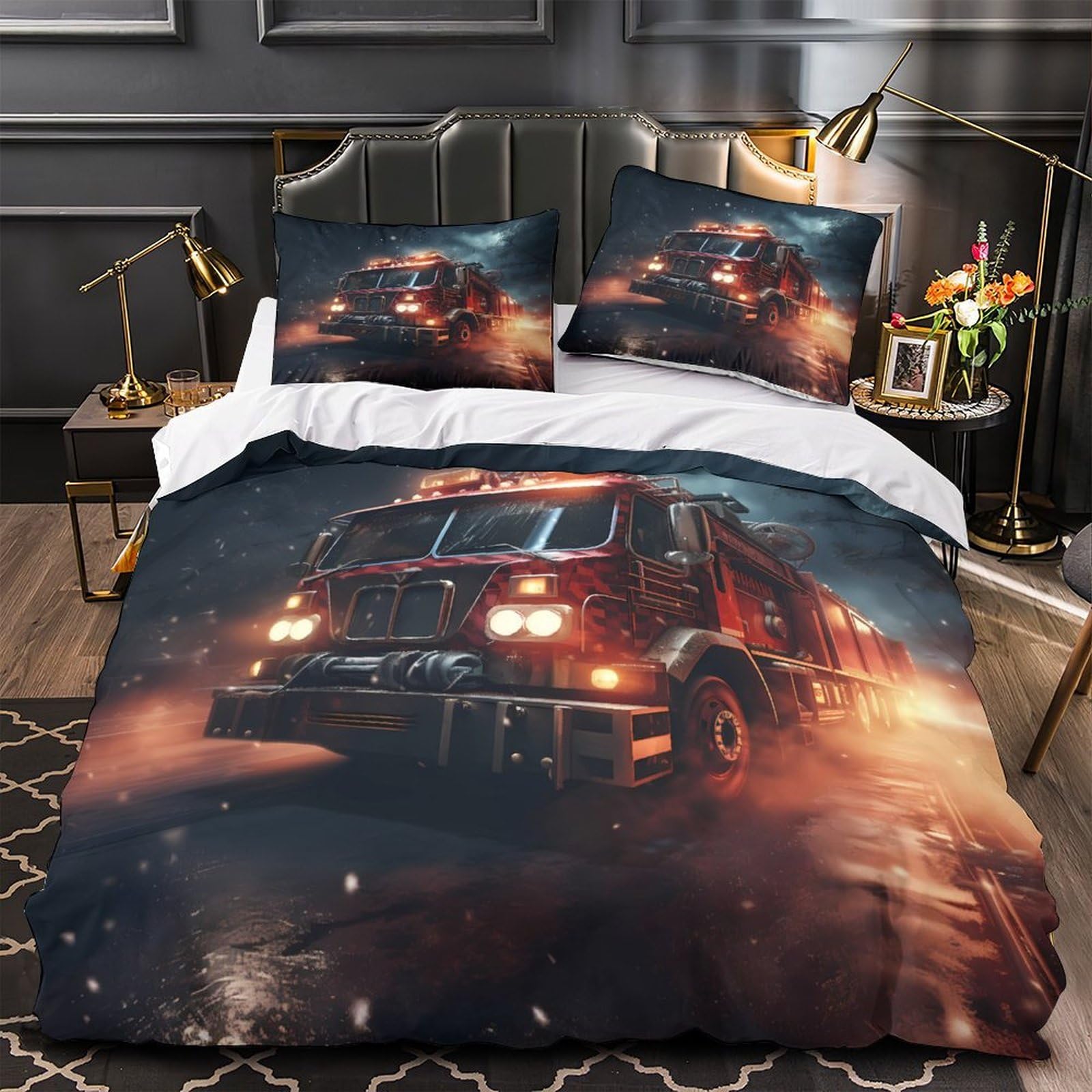 Housse de couette camion de pompiers 3D en microfibre premium hypoallergénique 200x200