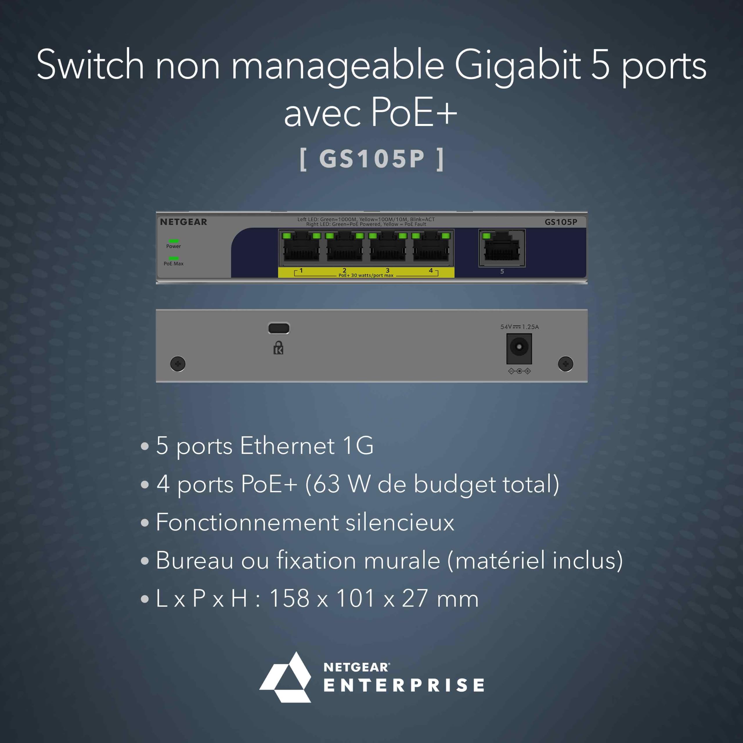 NETGEAR Switch Non manageable 5 Ports Gigabit Ethernet PoE+ (GS105P) - avec 4 PoE+ à 63 W, PoE Dynamique, sans Ventilateur, Montage sur Un Bureau ou Mural