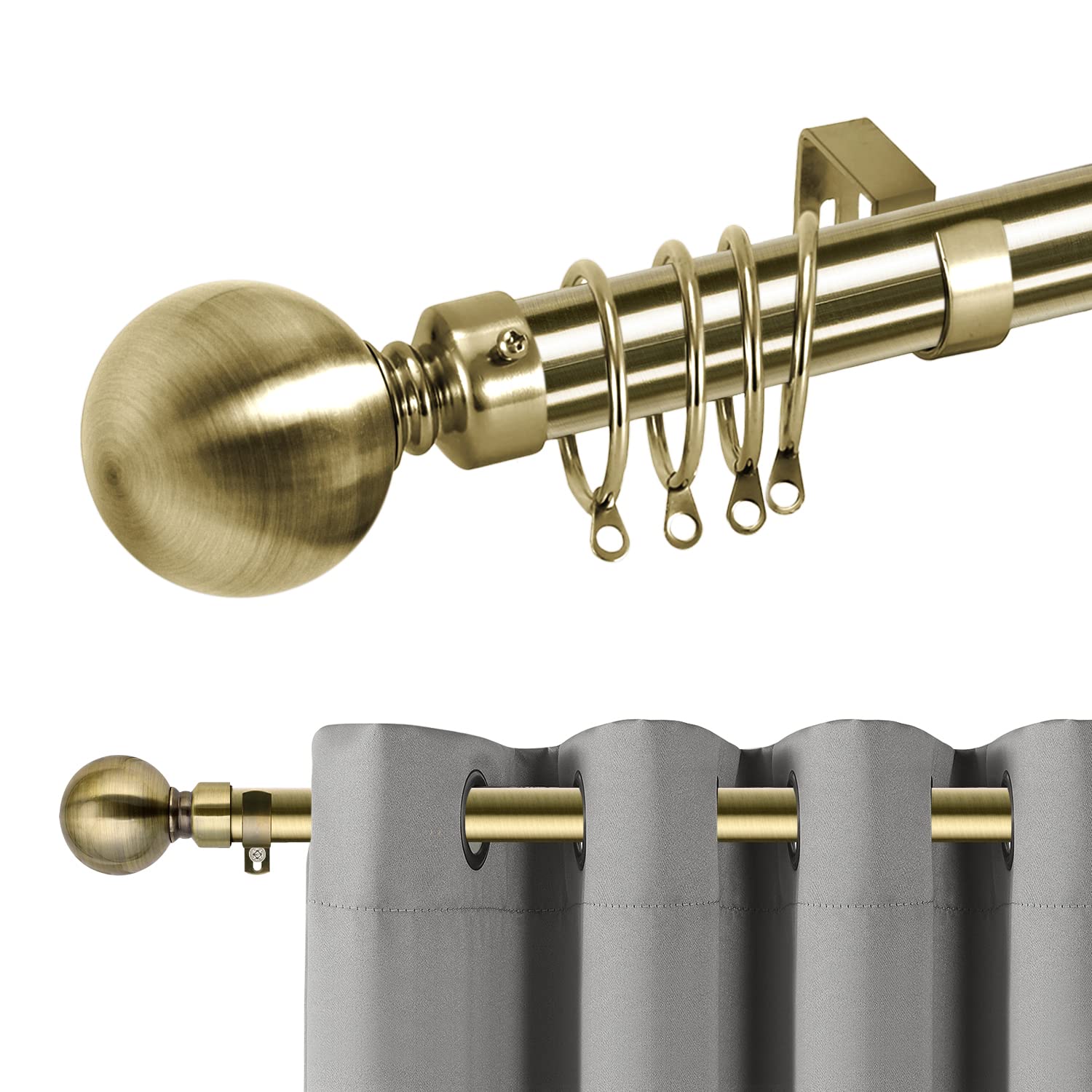 Hafaa Curtain Poles Plain Metal Ball Adjustable Decorative Window Curtain Pole Includes 70 to 120 cm Extendable Curtain Rod, 60mm Size Classic Finials, Rings, Brackets & Fittings Set, Antique Brass — image 1