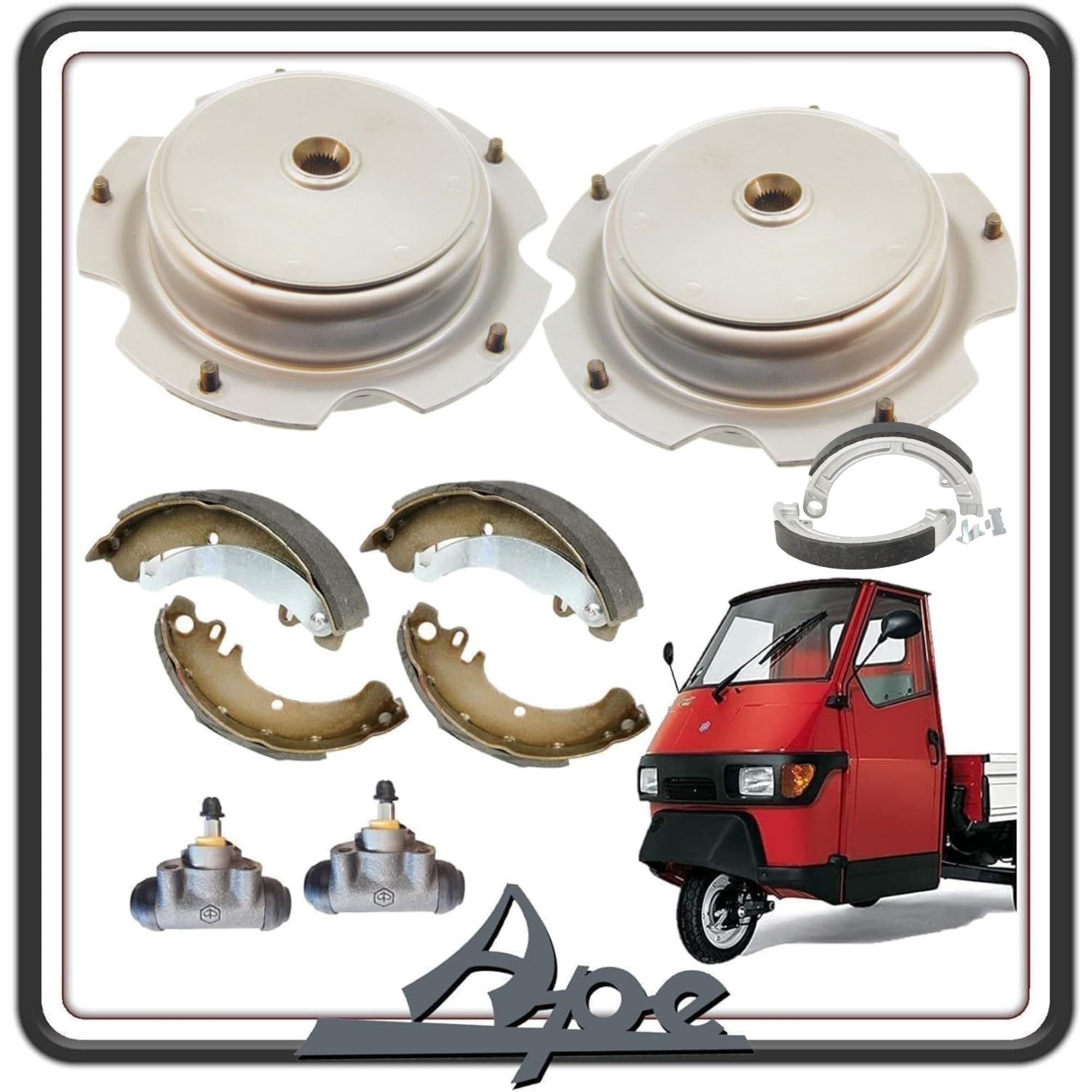 KIT 2 TAMBURO TAMBURI FRENO COMPLETO DI GANASCE CEPPI FRENO FRENI POSTERIORE POSTERIORI + GANASCE FRENO ANTERIORI E 2 CILINDRETTI COMPATIBILI PER PIAGGIO APE 50 TUTTI I MODELLI.