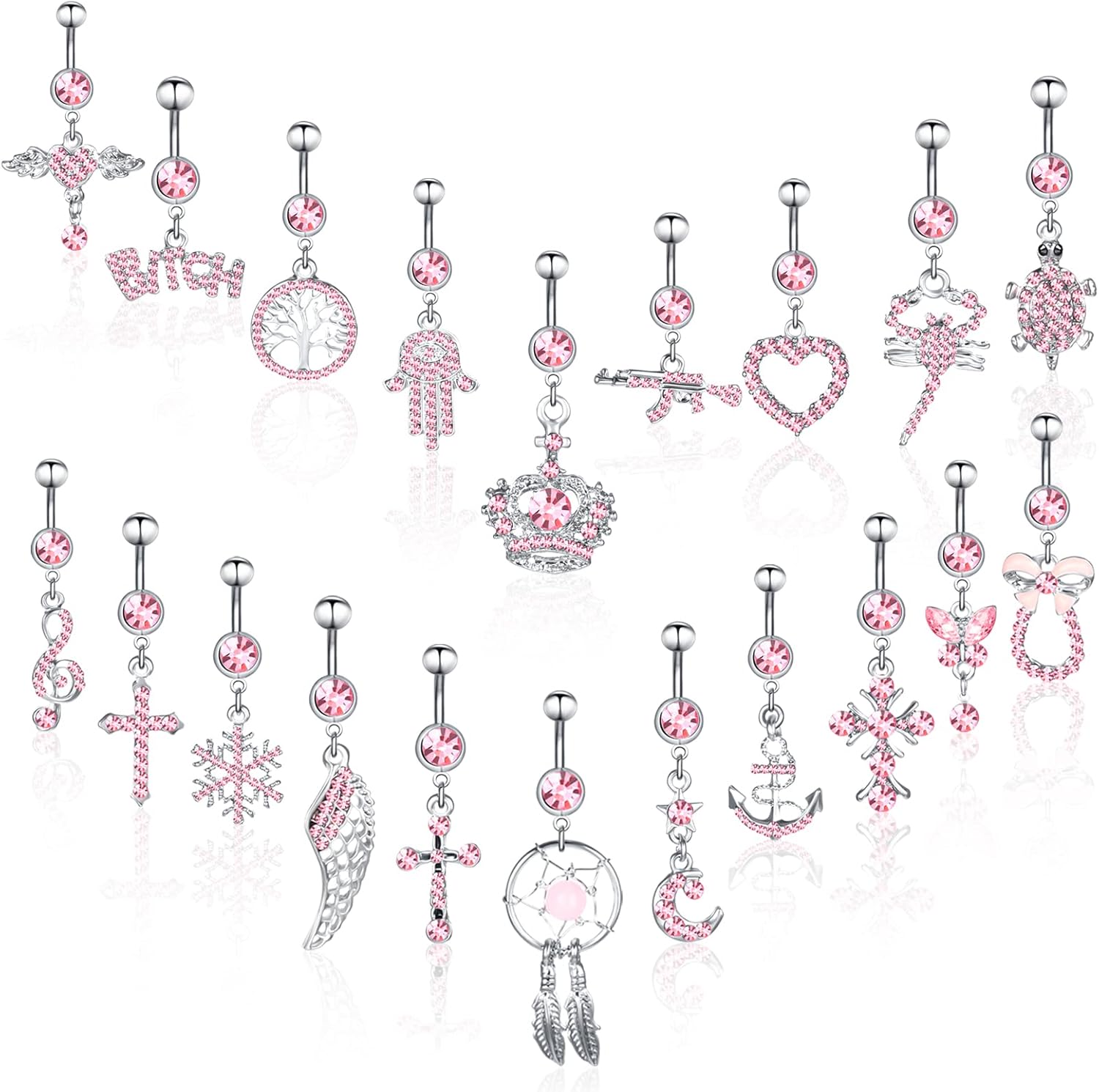 Junkin 20 Pcs 14G Dangle Belly Button Ring, Dangling 316L Surgical Navel Rings Cubic Zirconia Belly Piercing Jewelry