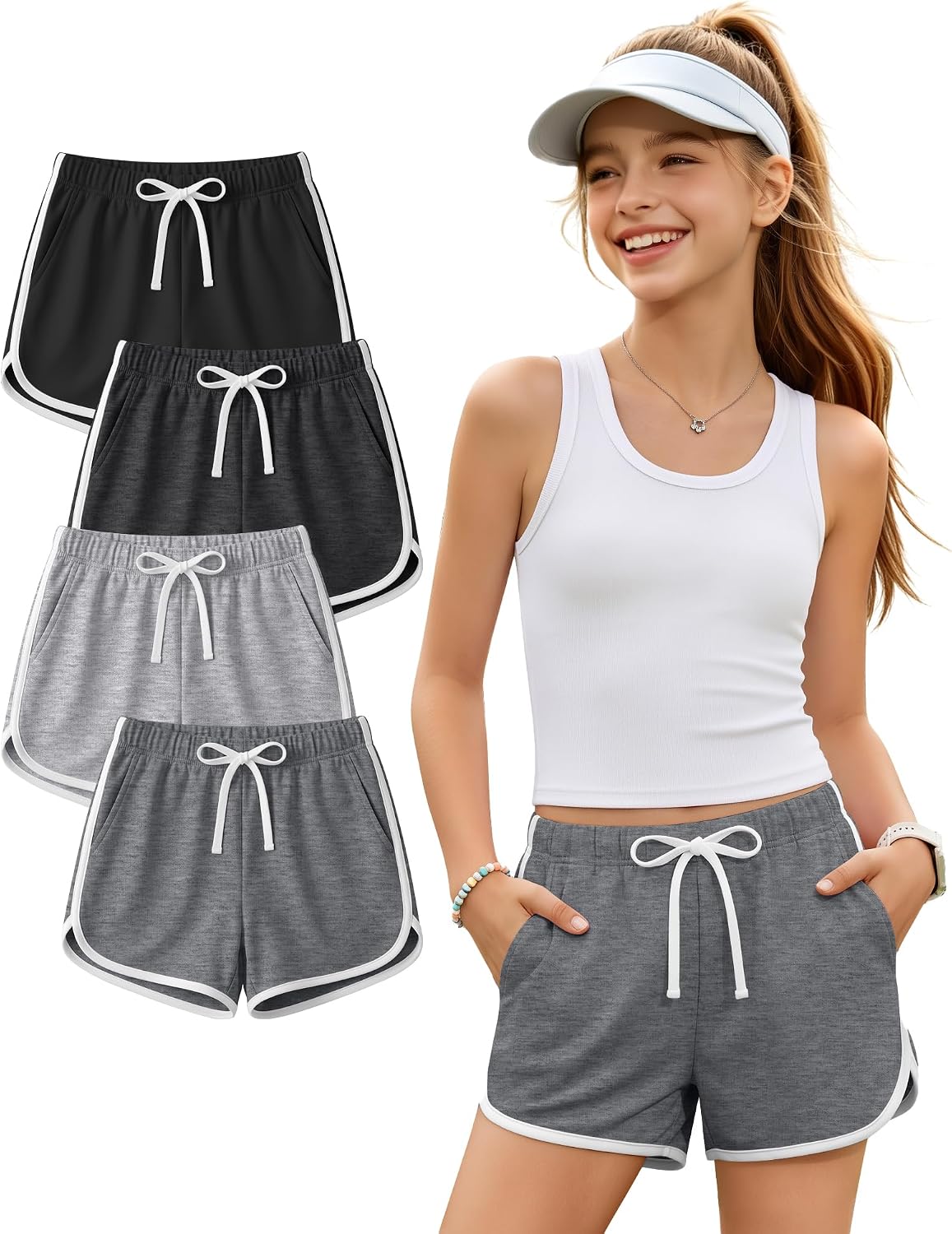 Halfchet 4 Pack Girls' Athletic Dolphin Shorts Kids Teen Elastic Waist Drawstring Running Soccer Shorts with Pockets 5-16Y