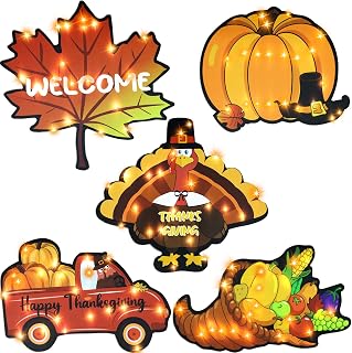 5 Pieces Light up Fall Window Decorations Thanksgiving Silhouette Lights Maple Leaf Turkey Truck Cornucopia Pumpkin Holiday Displays Lighted Thanksgiving Sign for Indoor Outdoor Wall Door Decor