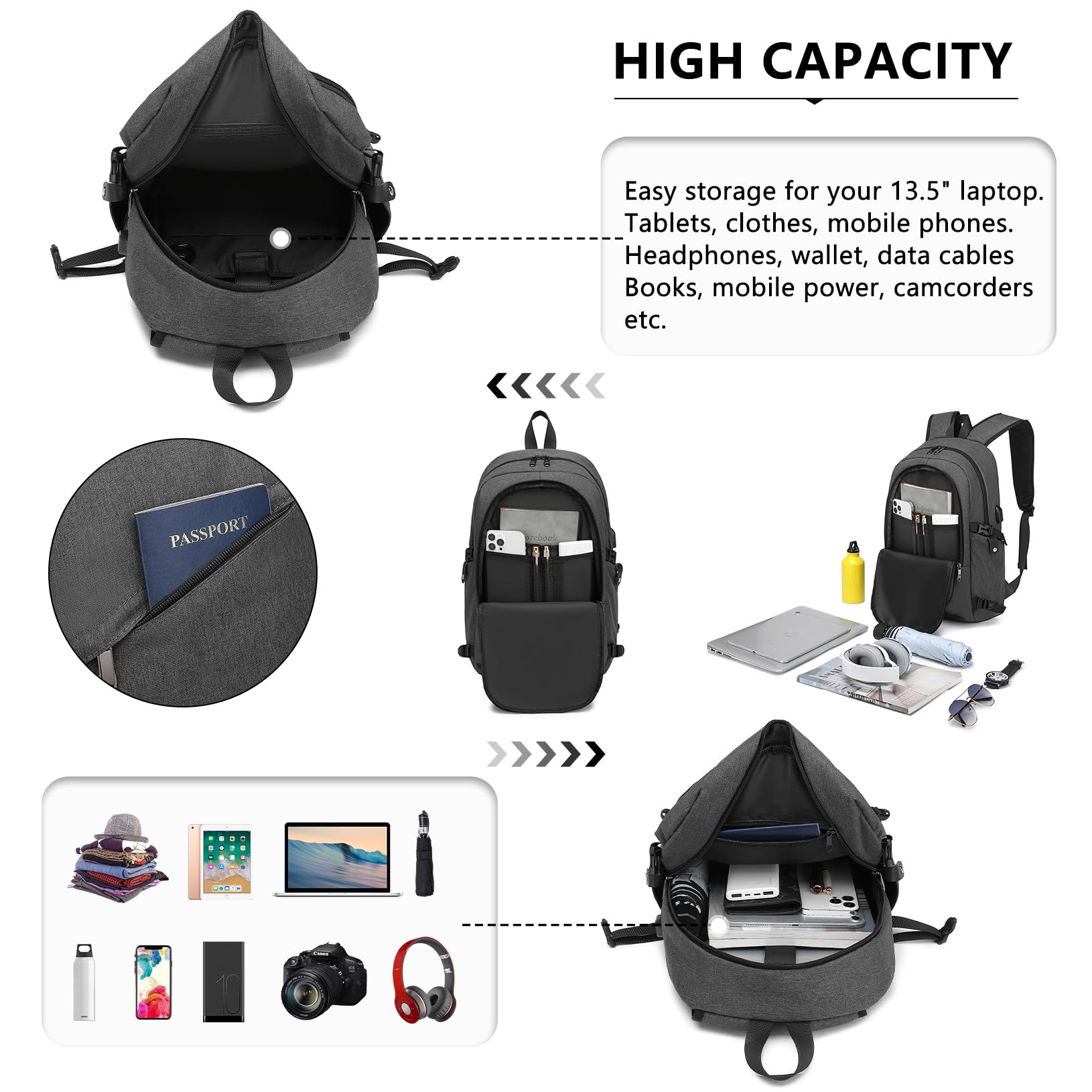KONO Zaino per computer portatile Antifurto da viaggio Business Work Zaino per computer con porta di ricarica USB Leggero Borsa per laptop High Schoolbag per ragazzo Uomini Donne Casual Daypack