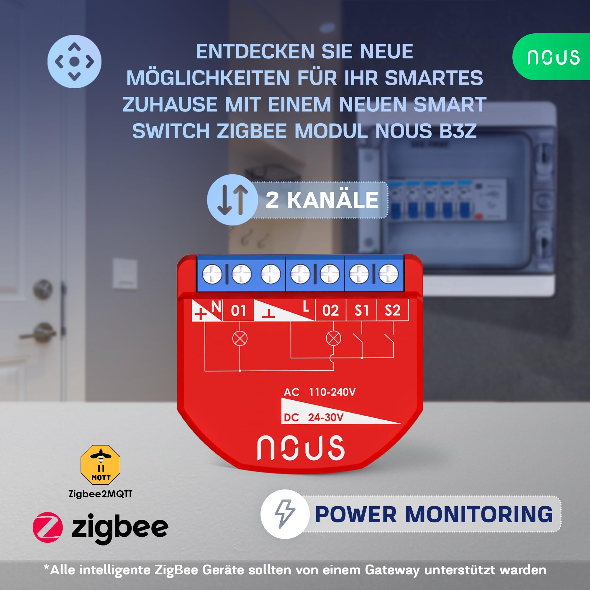 NOUS Module Interrupteur Intelligent ZigBee avec Mesure de Puissance, 2 Canaux, AC 16A/DC 10A, 3.0 Hub Requis, Compatible avec Alexa, Zigbee2MQTT, Google Assistant, Home Assistant, Tuya