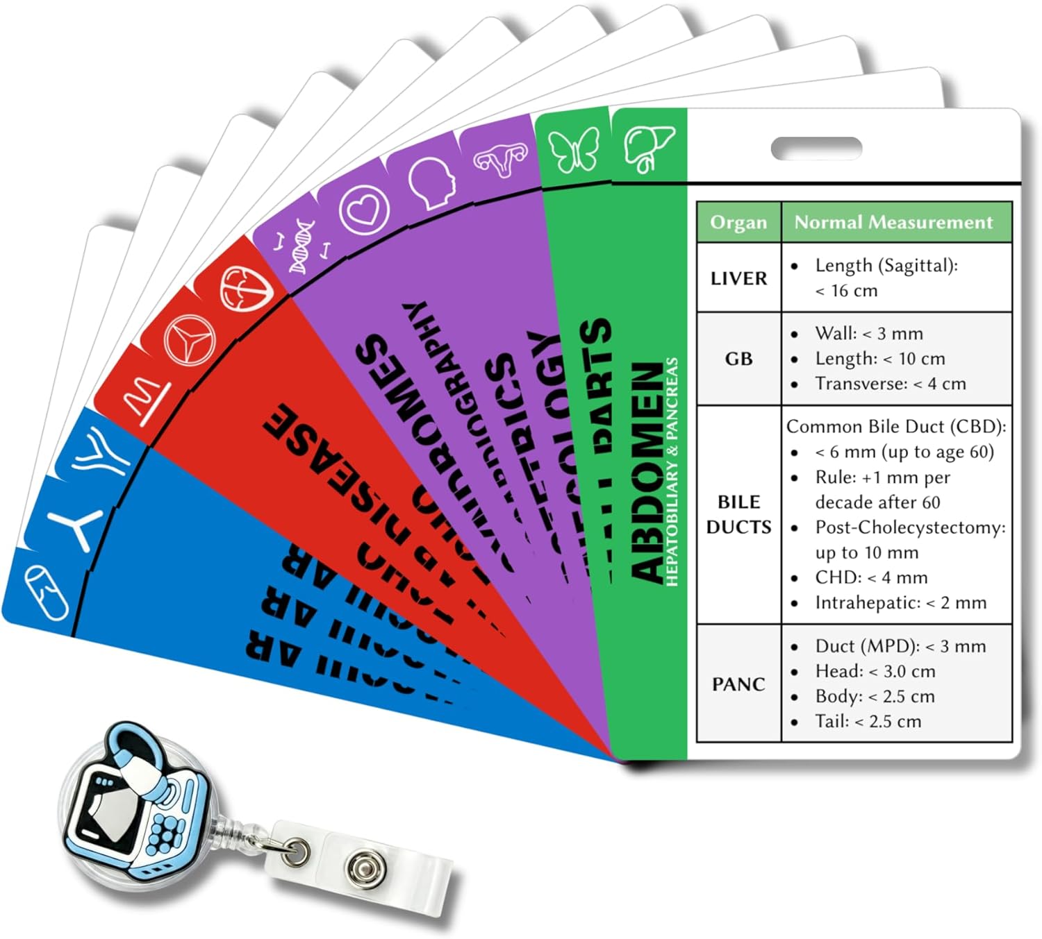 Ultrasound Badge Buddy Quick Reference Guide with Badge Reel, Sonographer Cheat Sheet for Abd OB/GYN Echo Vascular, Sonography Student Essentials & Must Haves (Complete Set + Badge Reel (12-Cards))