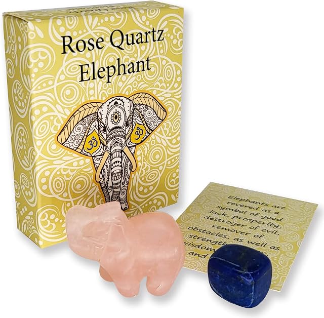 Crystal Elephant in Rose Quartz with *Extra* Chakra Crystal, Meaning Card & Gift Box. Tigers Eye, Turquoise, Amethyst, Lapis Lazuil, Clear Quartz or Other Crystal Included. 1½ Inch Ornament Figurine.