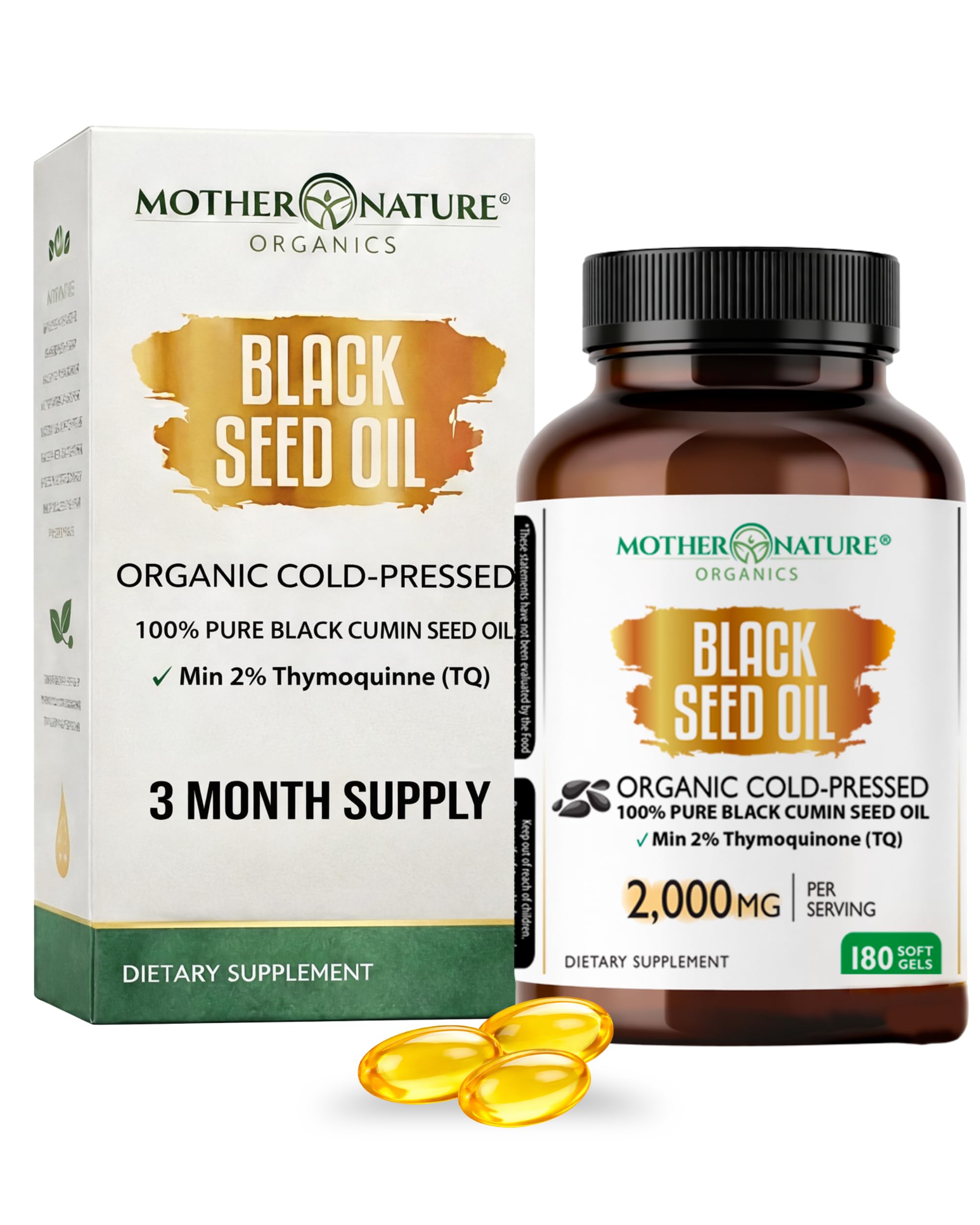 Mother Nature - Organic Black Seed Oil Capsules, 3 Month Supply, Cold Pressed, High TQ, 100% Turkish, Black Cumin Nigella Sativa Oil for Immune Support, Joint, Digestive Health,1000mg Capsule, 180ct