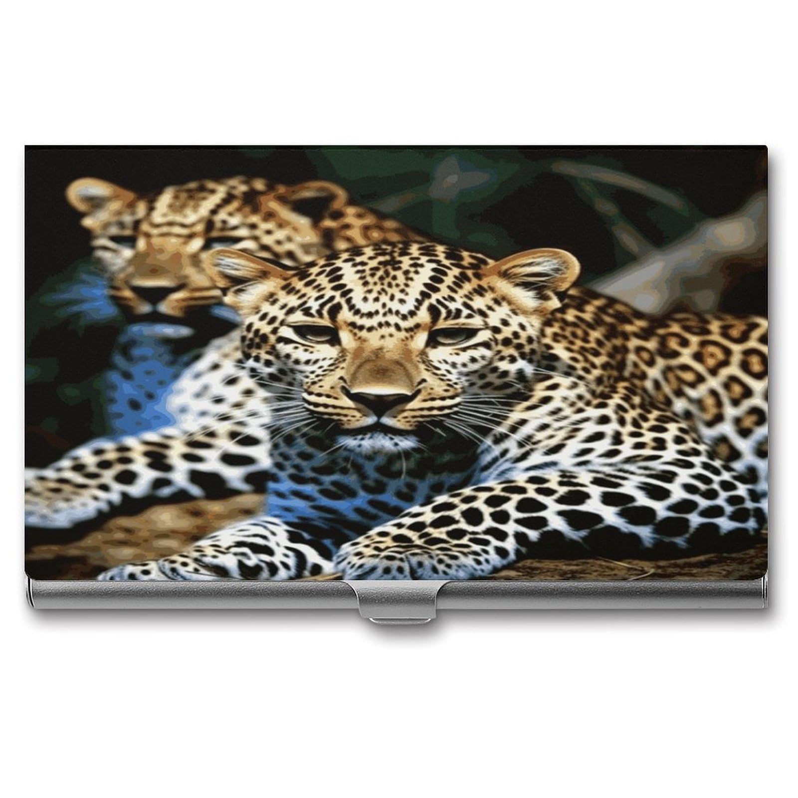JTREHY Leopard Business Card Holder Slim Purse Name Card Holder Portable Metal Business Card Case Wallet Large Capacity Lightweight Business Card Case for Men Women