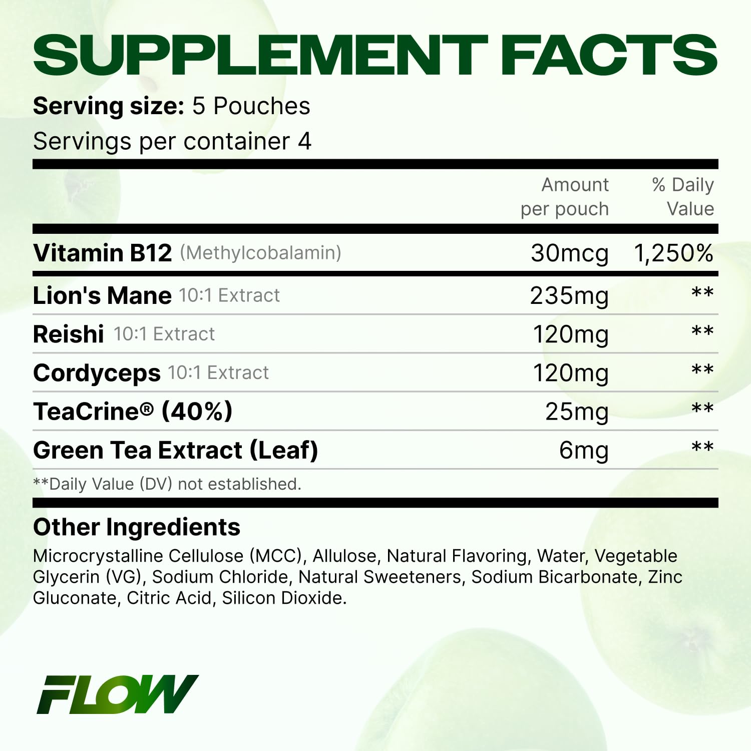 Flow Pouches Mushroom Nootropic Pouches, 600mg Lion's Mane Reishi Cordyceps Energy Pouches for Focus and Clean Energy, Caffeine Free Sugar Free Nicotine Free, Now Made in USA (5 Cans, Sour Apple) — Amazon image 8