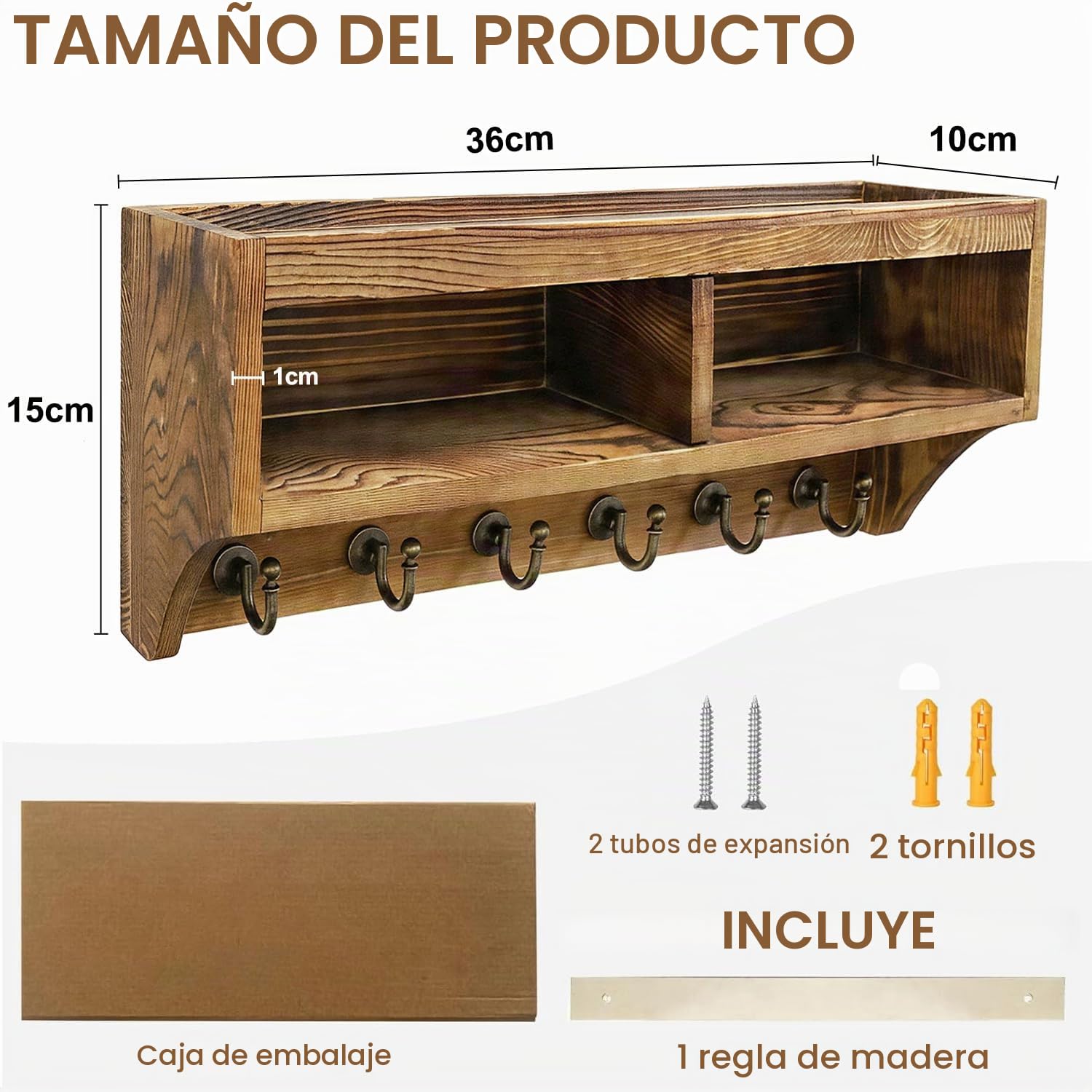 TopEsct Colgador de Llaves para Pared, Portallaves de Madera con Cartas Estante, Organizador Llaves con 6 Ganchos Cuelga Llaves Pared para Salón Pasillo Oficina - Marrón