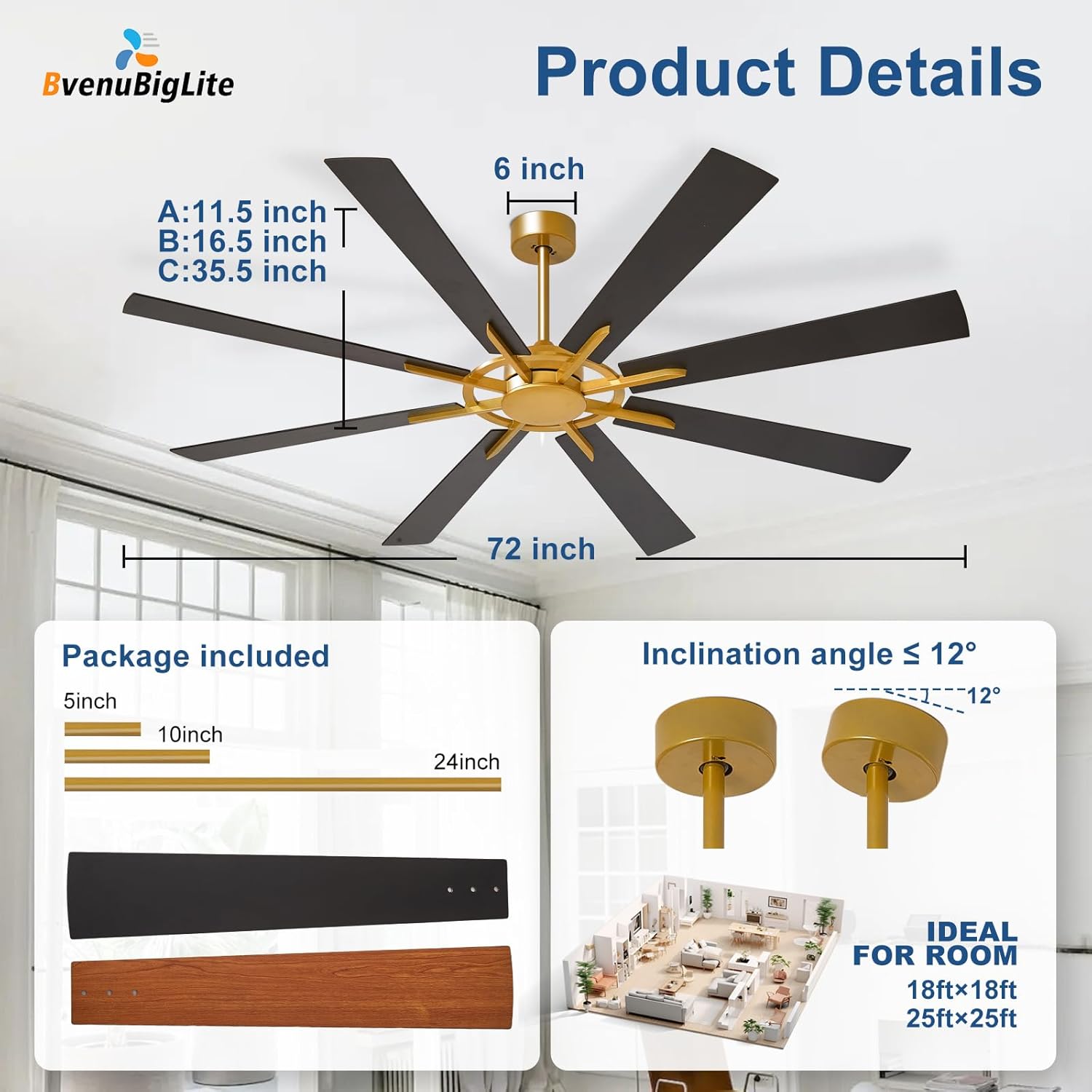 large ceiling fan no light: modern 72 inch 8 blade outdoor ceiling fans with remote app control - black gold big fan without light indoor reversible 6 speed quiet dc motor black and gold 02 72 inch