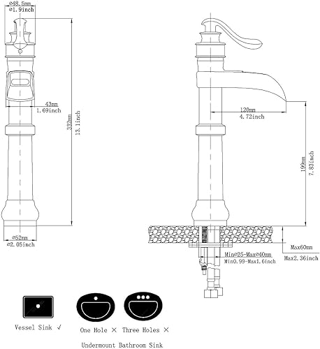 Miniatura 6 de Grifo de fregadero de bronce aceitado para lavabo, grifo de un solo orificio, grifo de cascada de baño, estilo granja, mango único, 1 agujero,