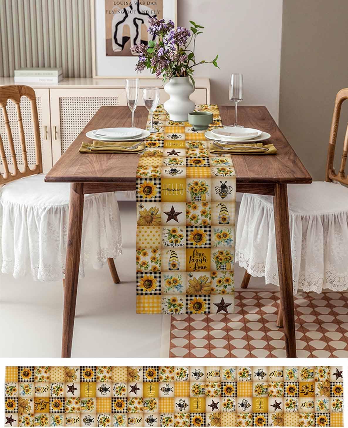 Farmhouse Table Runner 14 x 72 Inches, Kitchen Table Runner Yellow Plaid Bee Gnome Sunflower Dresser Scarf/Cabinet/ Dinning Table Decor