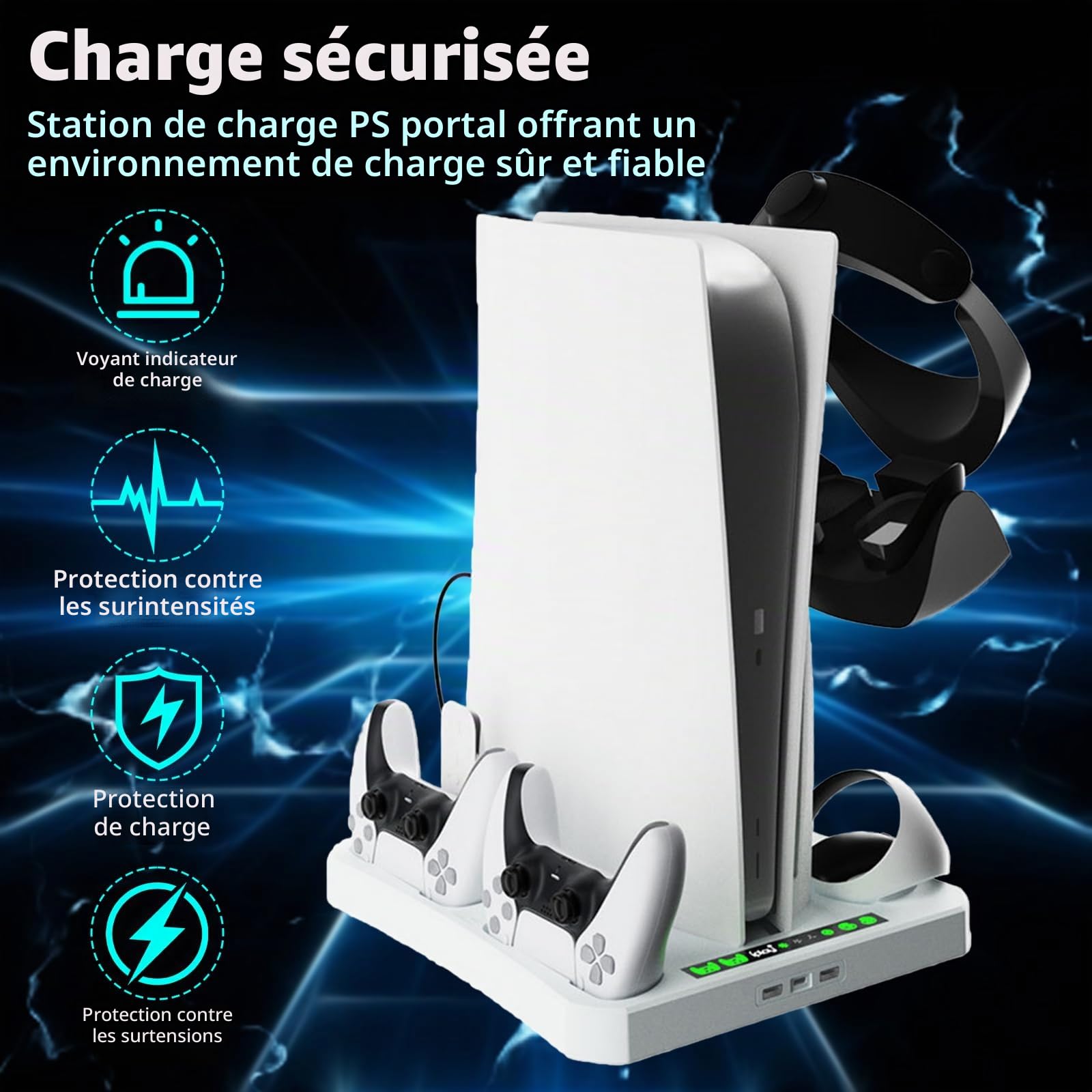PS5 & PS VR2 support station de refroidissement avec contrôleur de charge, 3 en 1 avec 2 ventilateurs pour PS5 et VR2, support de casque