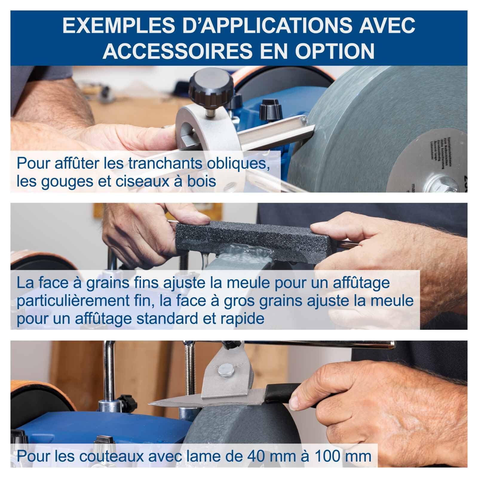 Scheppach Affûteuse à eau TIGER 5000S | Moteur à induction 150W, Meule en corindon supérieur de Ø 200mm, Dispositif universel | Pâte à poncer | Disque à poncer en cuir | Jauge d'angle