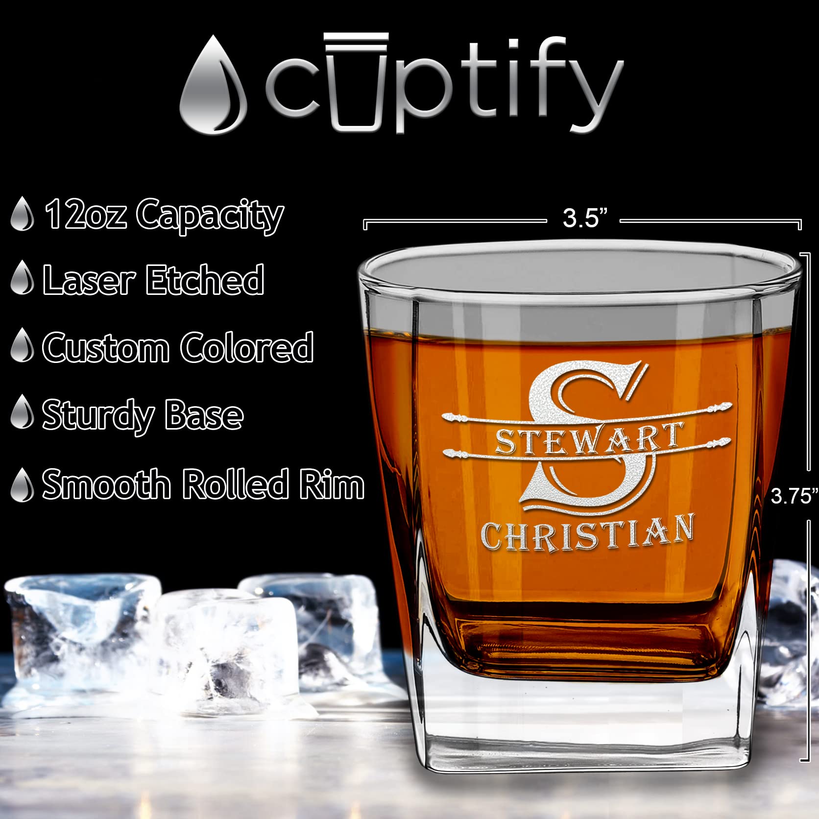 12 oz Personalized Double Old Fashioned Glass Set of 2 - Initial Block Surname Design - Green Custom Etched Cube Whiskey Glass - Perfect for Bourbon, Scotch, and Cocktails - Ideal Gift for Men