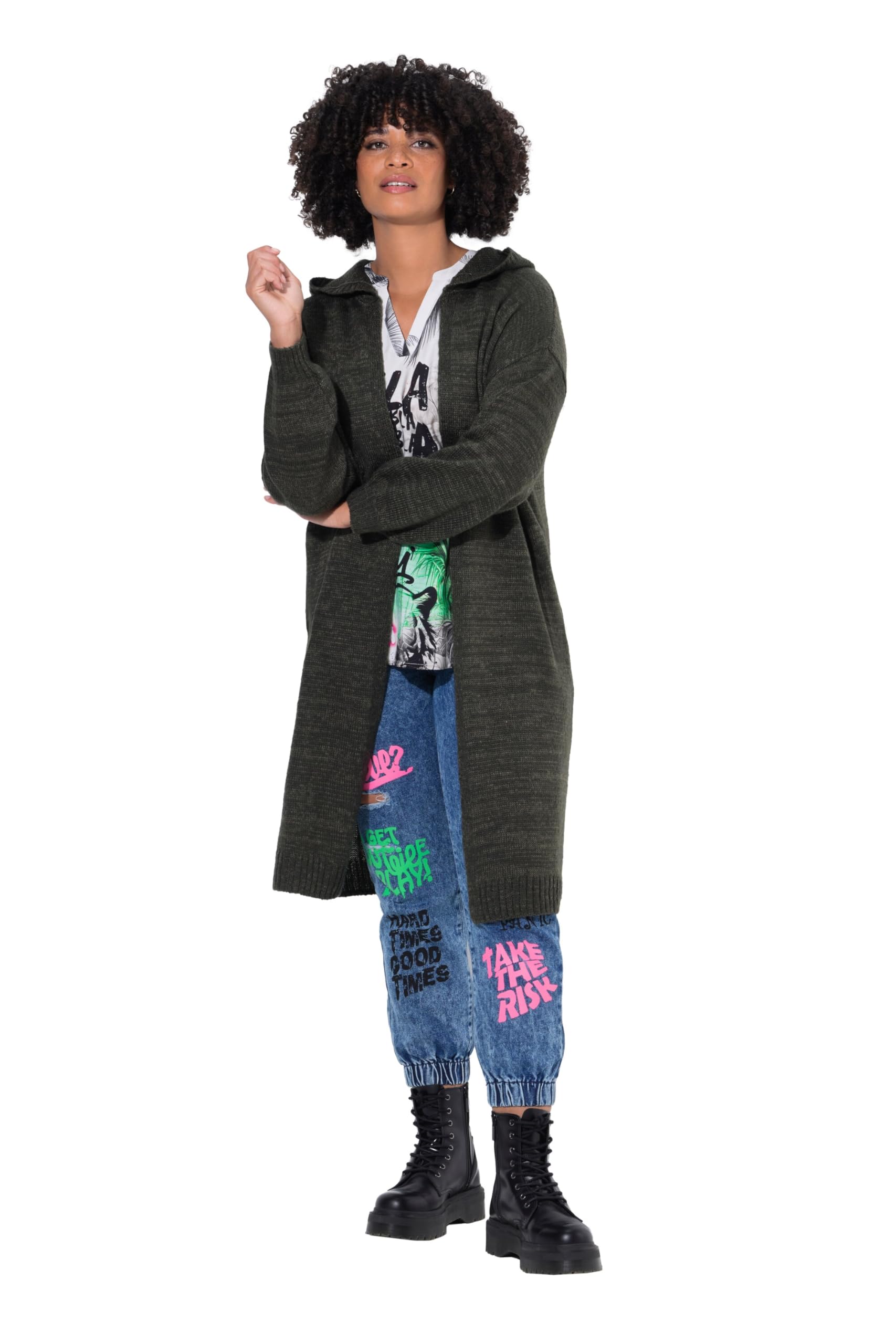 Angel of Style Damen große Größen Übergrößen Plus Size Long-Strickjacke, Rücken-Schriftzug, offene Form 844446