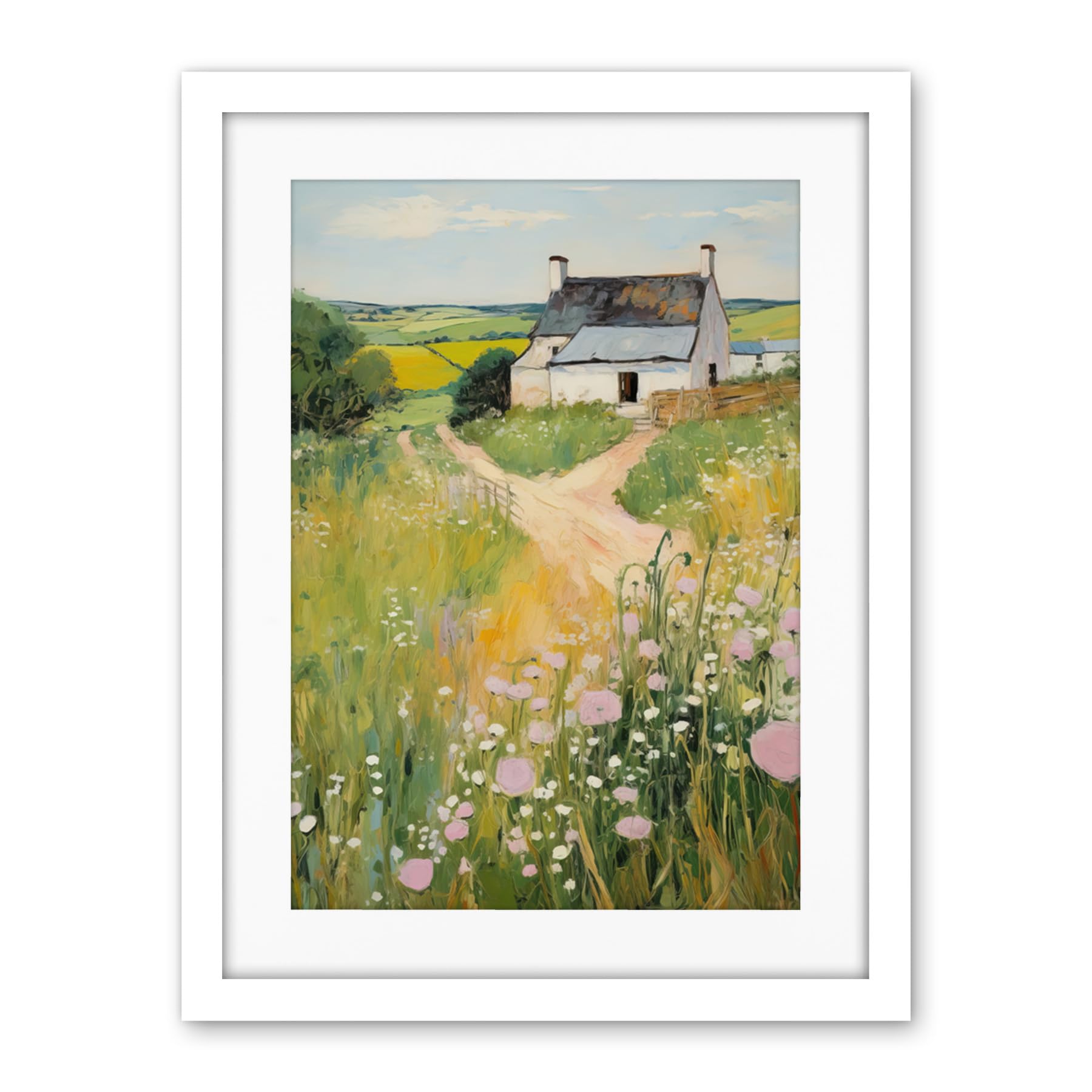 Artery8 Country Farmhouse Cottage Scene Traditional Landscape Oil Painting Meadows Countryside Summer Artwork Framed Wall Art Print 18X24 Inch