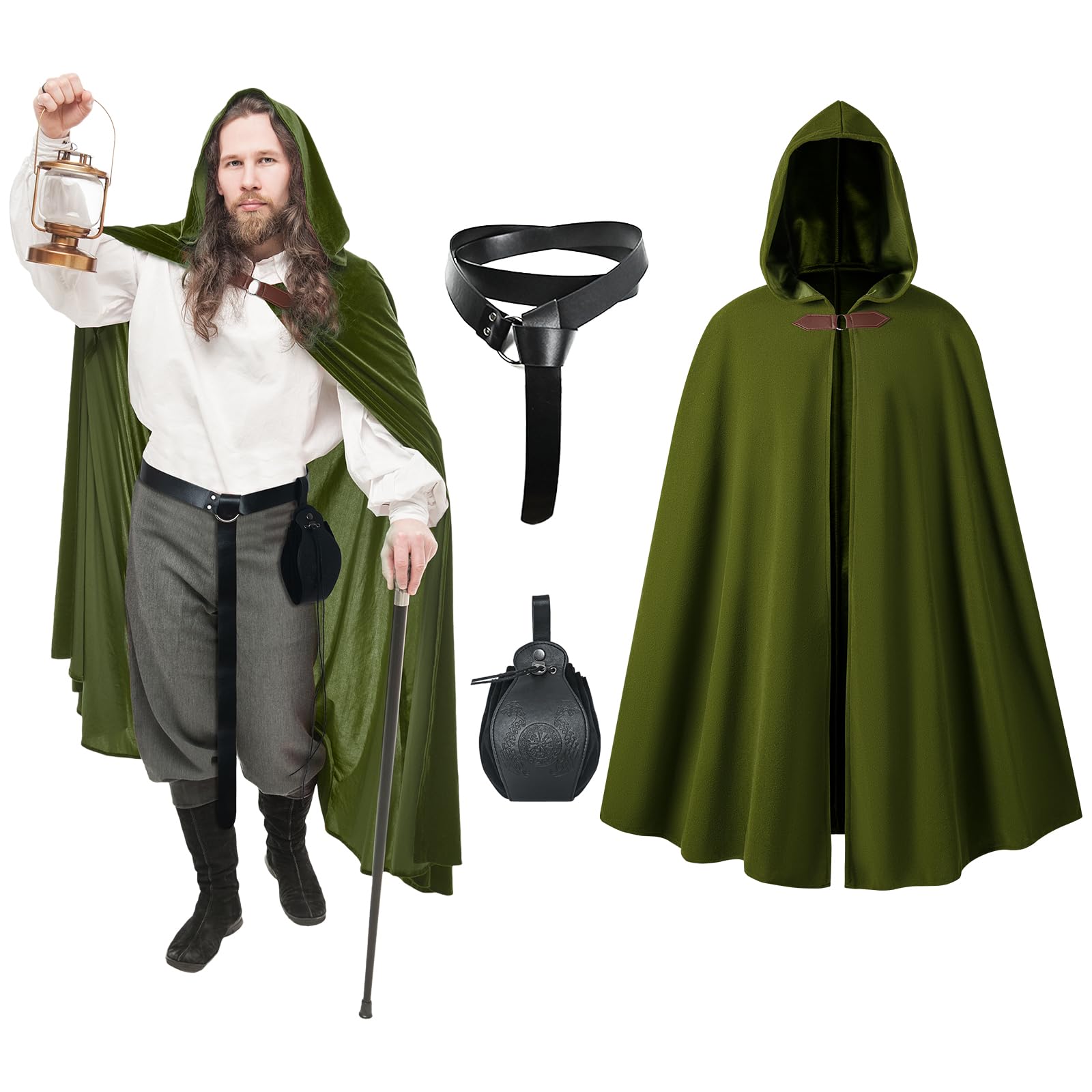 CNVAUIE Renaissance Snapback Hooded Coat Medieval Costumes Men's Witch Halloween Costumes Hooded Coat (Green Set)