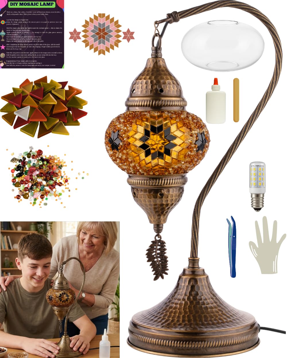 DEMMEX DIY Turkish Mosaic Table Lamp Kit – Make Your Own Lamp with Glass Mosaic Pieces & Tools – Antique Brass Base – No Grout Needed – Fun & Easy for All Ages and Skill Levels (Brown)